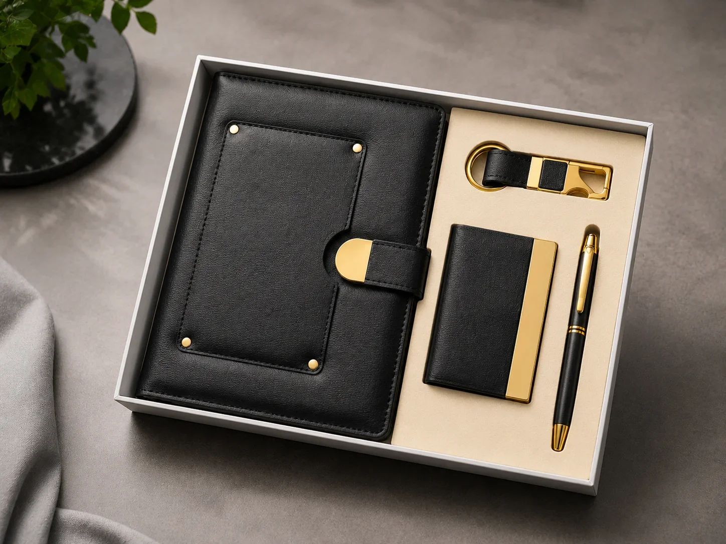 Classic Black Leatherette 4-in-1 Executive Combo Set with Diary, Card Holder, Keychain & Pen