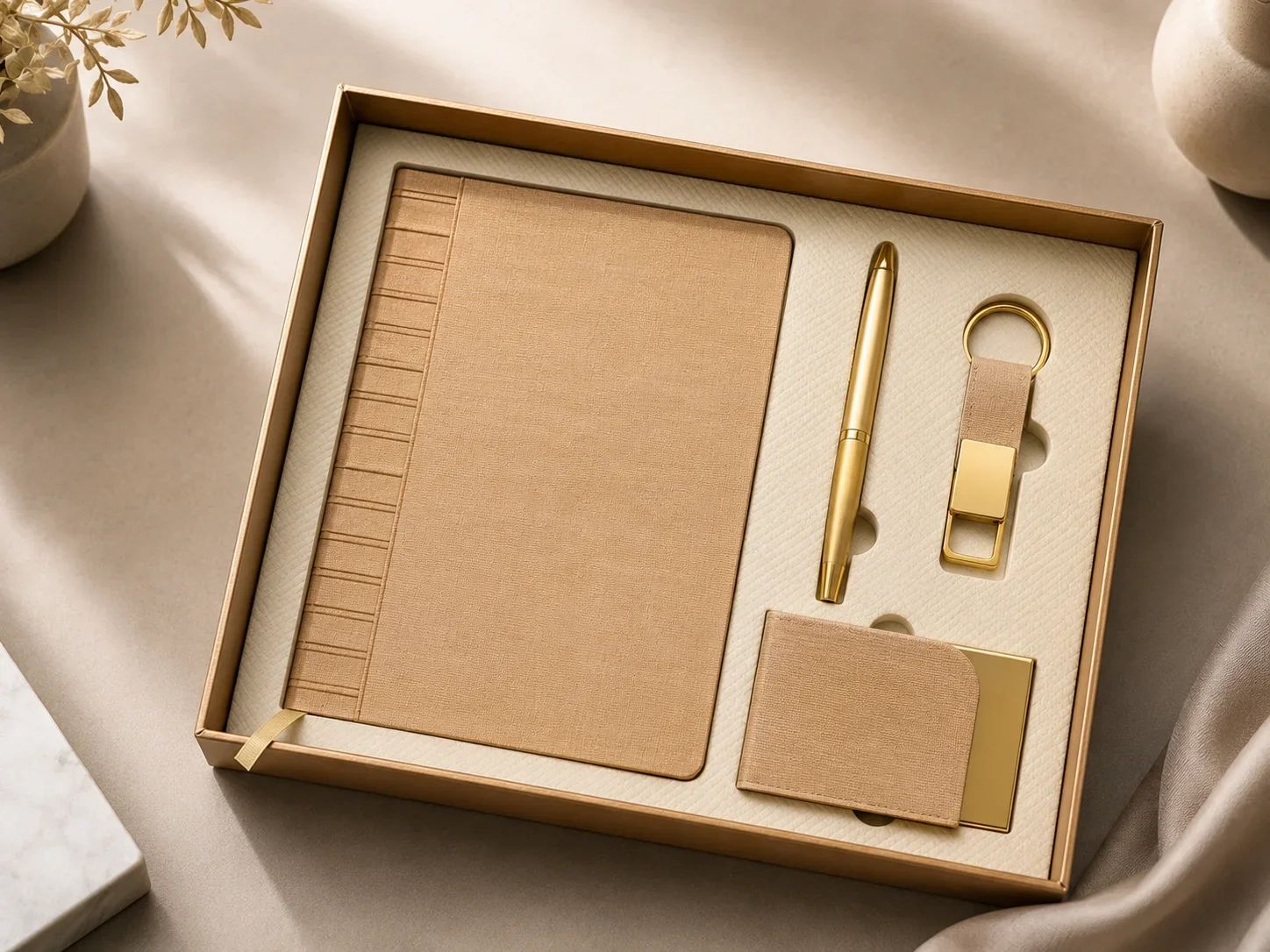 Sophisticated Beige Fabric-Texture 4-in-1 Desk Essentials Gift Set