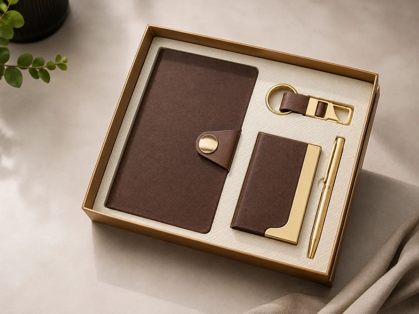 Dark Coffee Brown Leatherette 4-in-1 Executive Gift Set with Snap Closure Diary