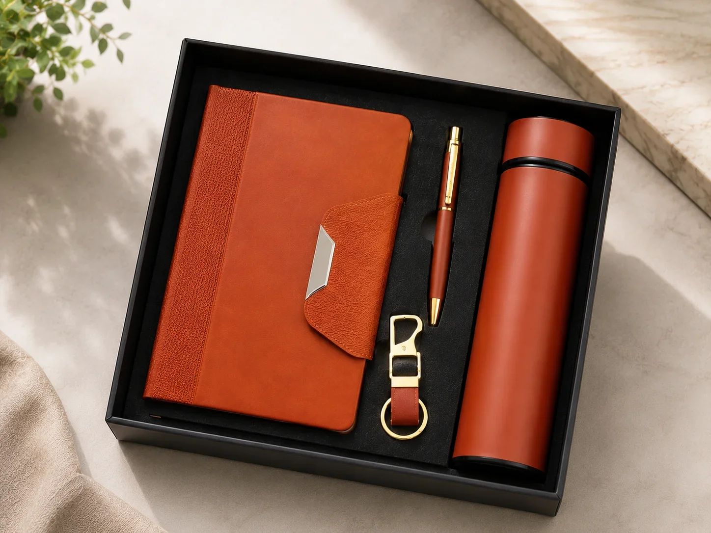 Terracotta Orange Dual-Texture 4-in-1 Executive Gift Box with Flask, Diary, Keyring & Pen
