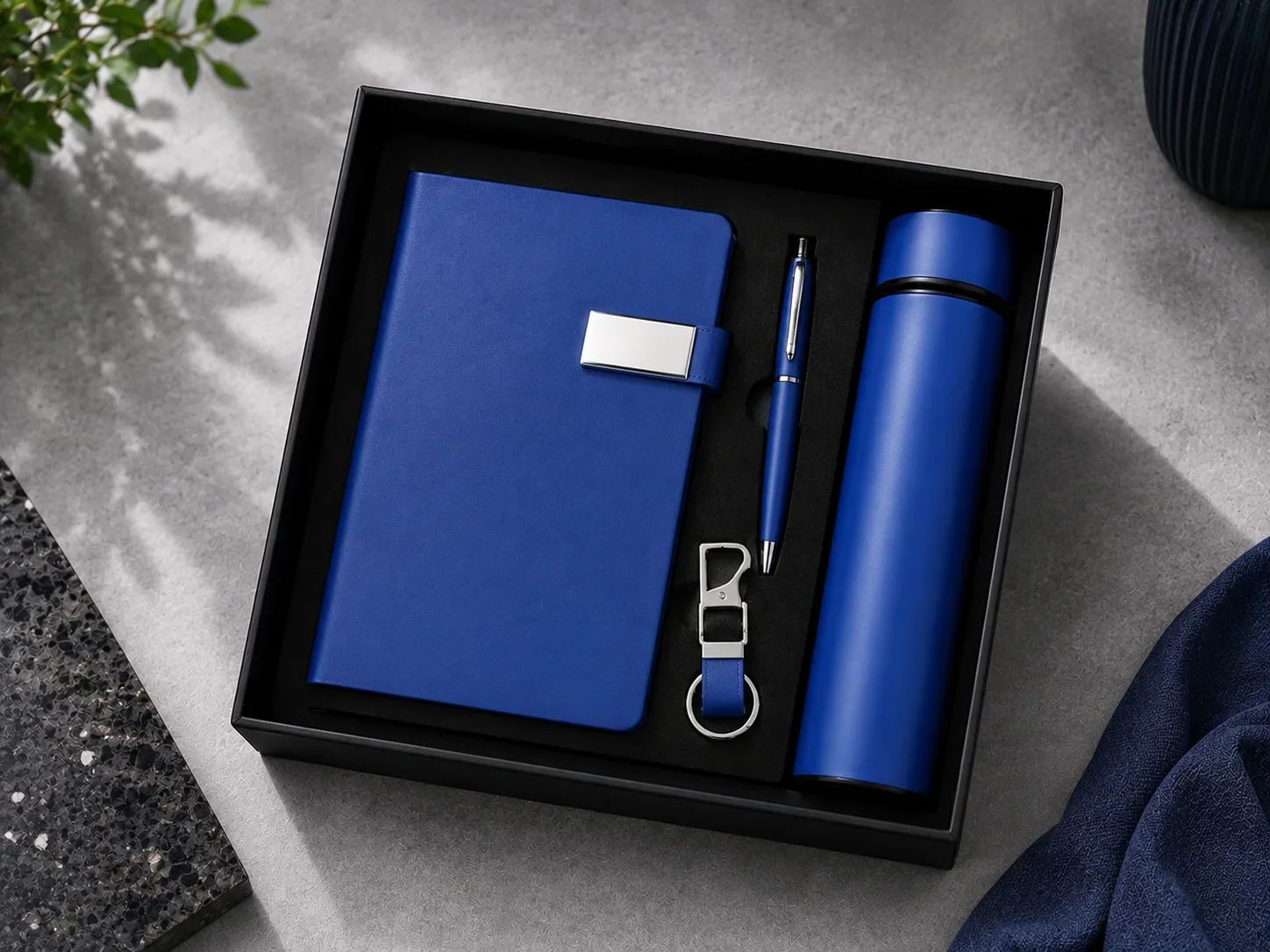 Royal Blue 4-in-1 Executive Corporate Gift Set with Flask, Diary, Keyring & Pen