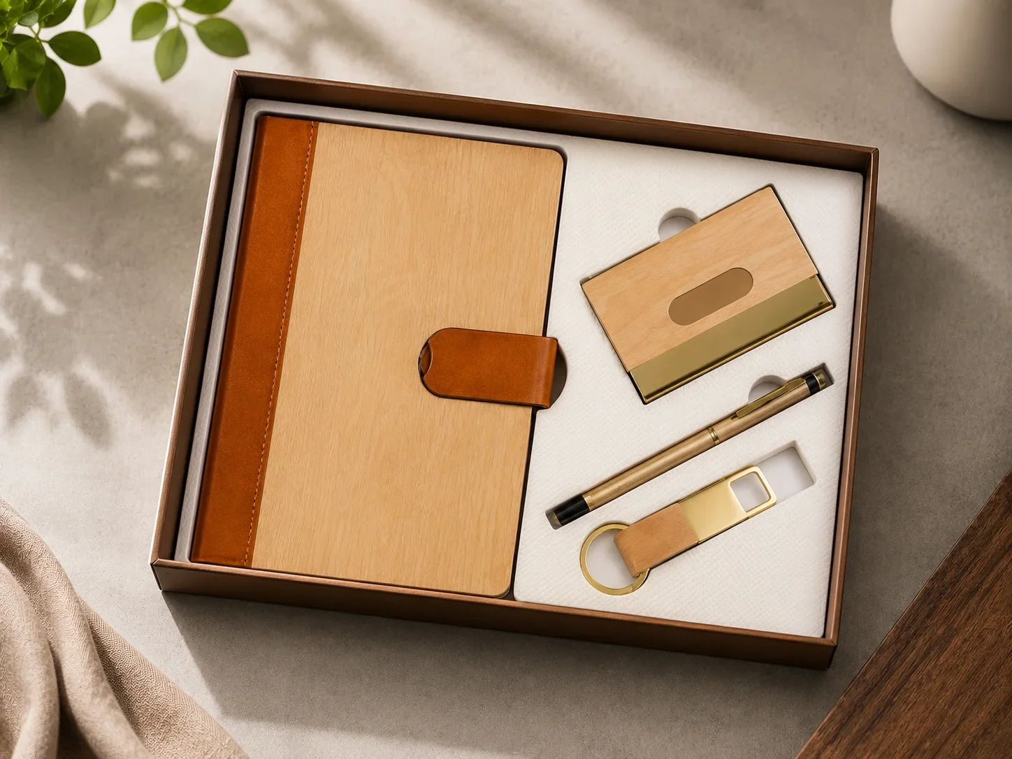 Natural Maple Wood Finish 4-in-1 Desk Combo with Diary, Card Case, Pen & Keyring