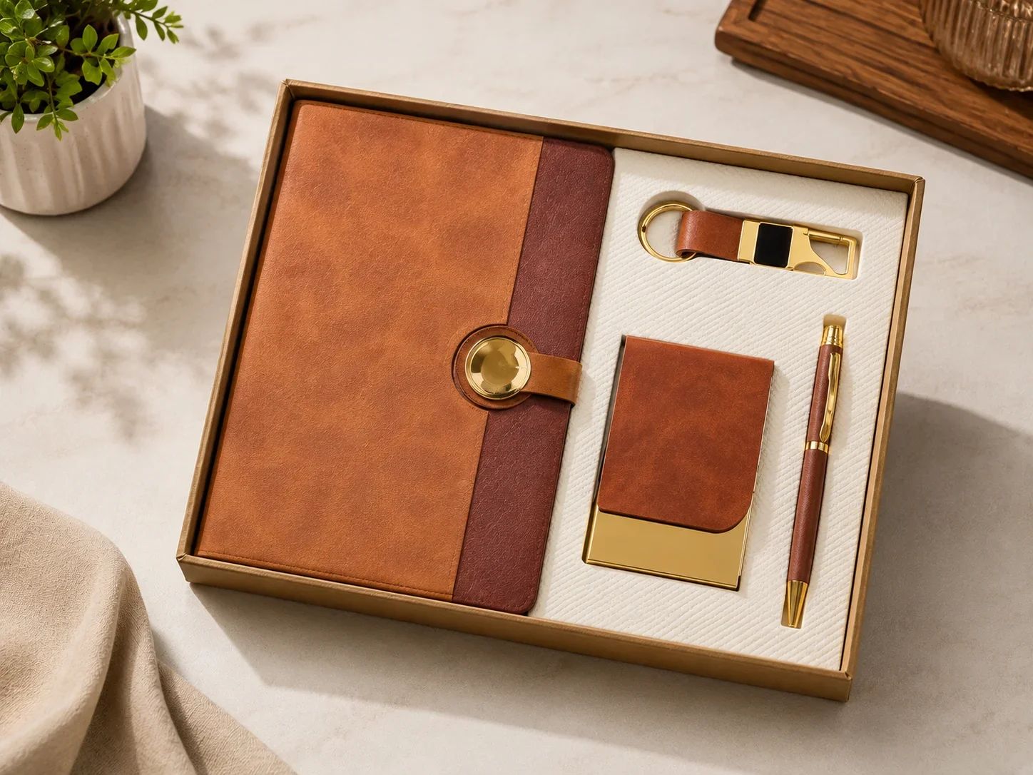 Dual-Tone Brown Leatherette 4-in-1 Executive Desk Hamper with Circular Metal Emblem Clasp