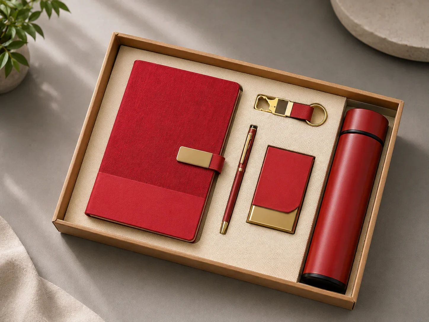 Premium Crimson Red 5-in-1 Executive Gift Set with Flask, Diary, Card Case, Pen & Keychain