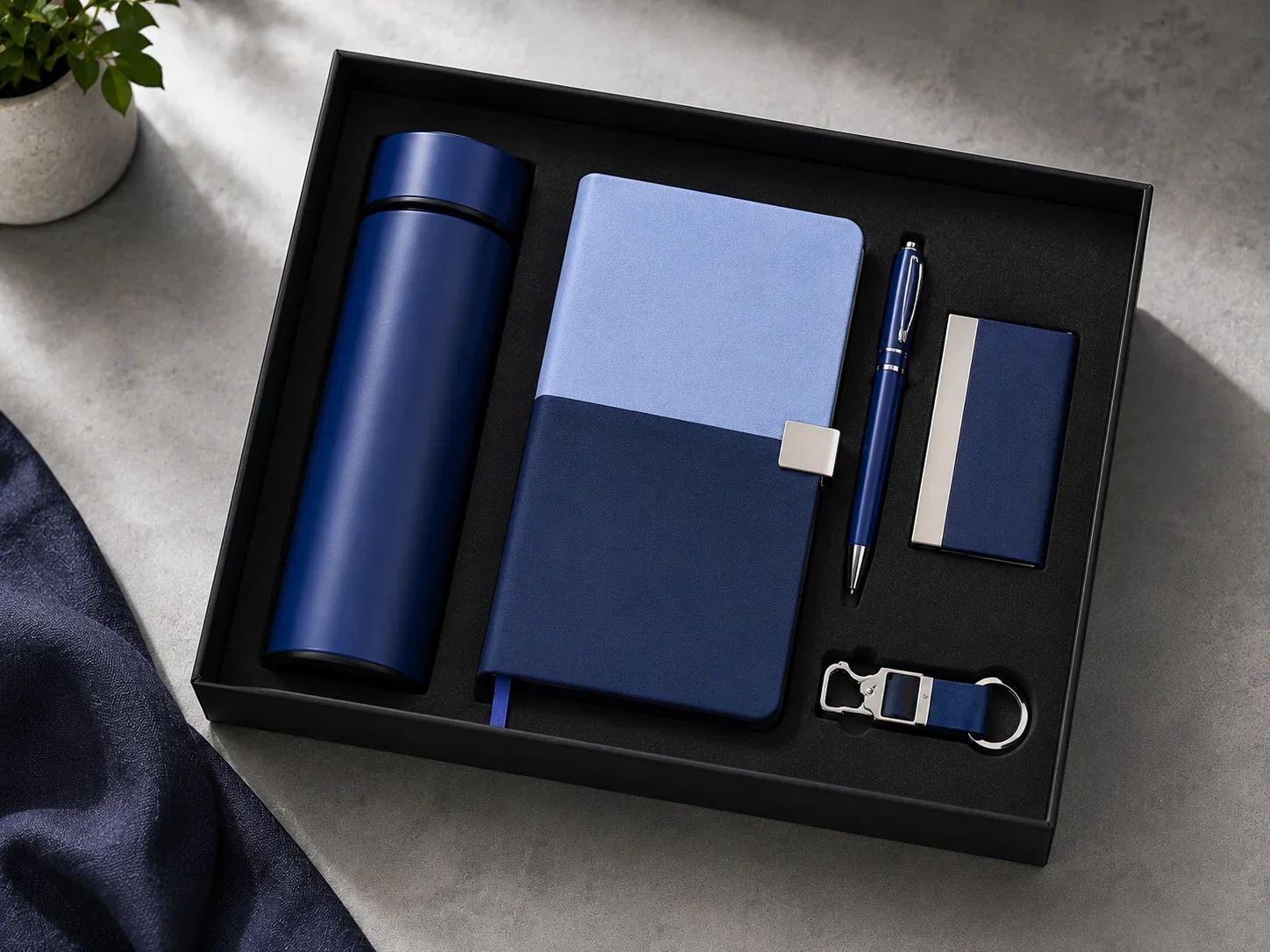 Dual Tone Sky & Navy Blue 5-in-1 Executive Gift Set with Flask, Diary, Card Case, Pen & Keychain