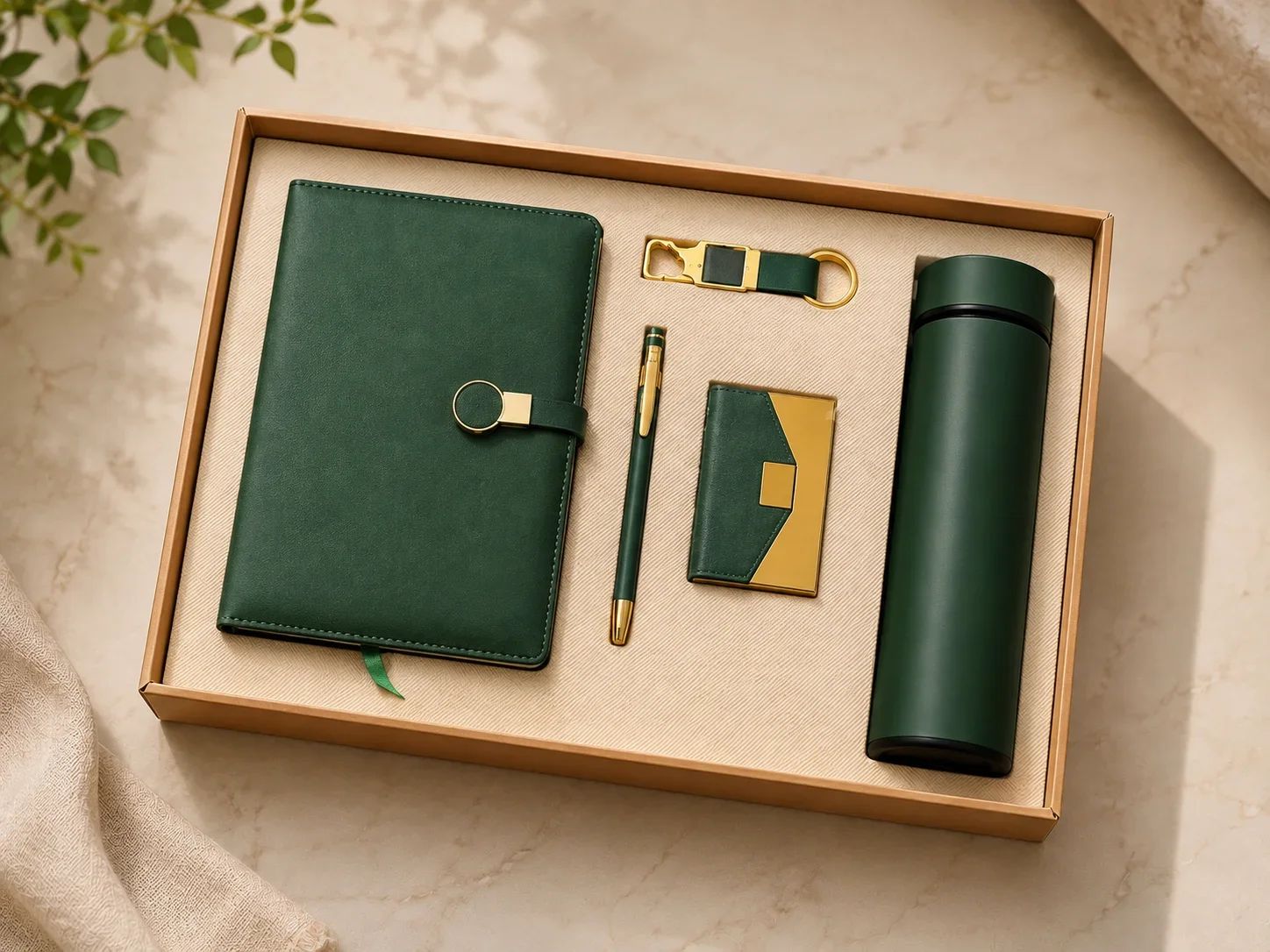 Luxurious Forest Green 5-in-1 Executive Gift Set with Circular Ring Clasp Diary, Flask & Accessories
