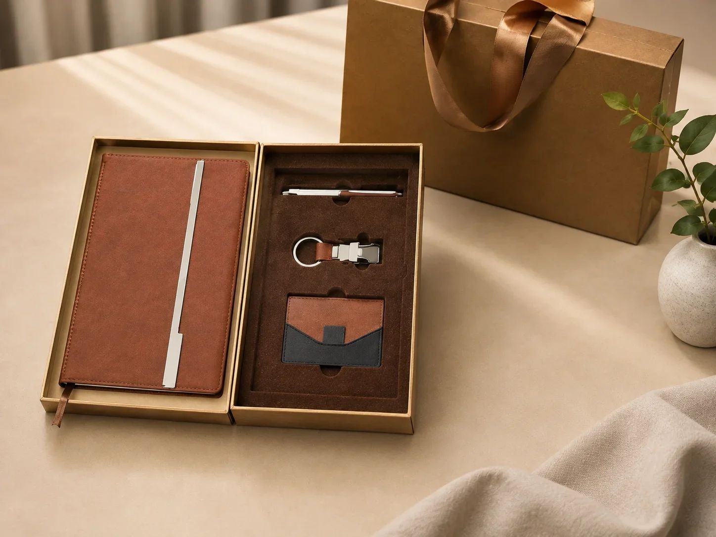 Chestnut Brown & Metallic Bar 4-in-1 Foldable Executive Gift Box with Card Holder & Accessories