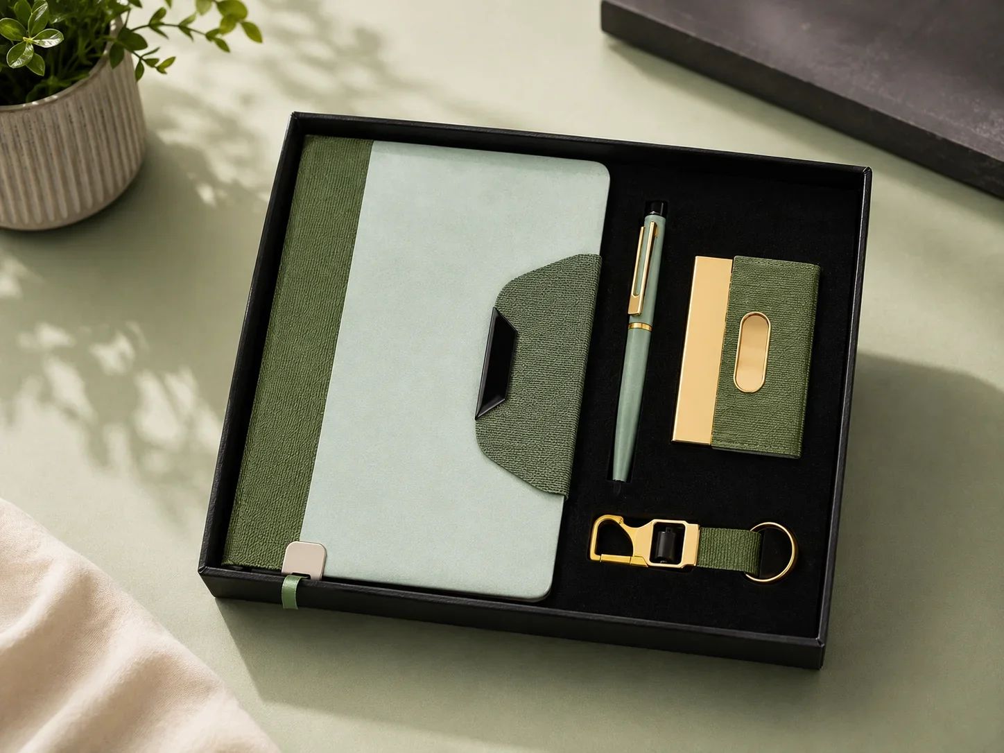 Sage & Olive Green Dual-Tone 4-in-1 Textured Desk Gift Set
