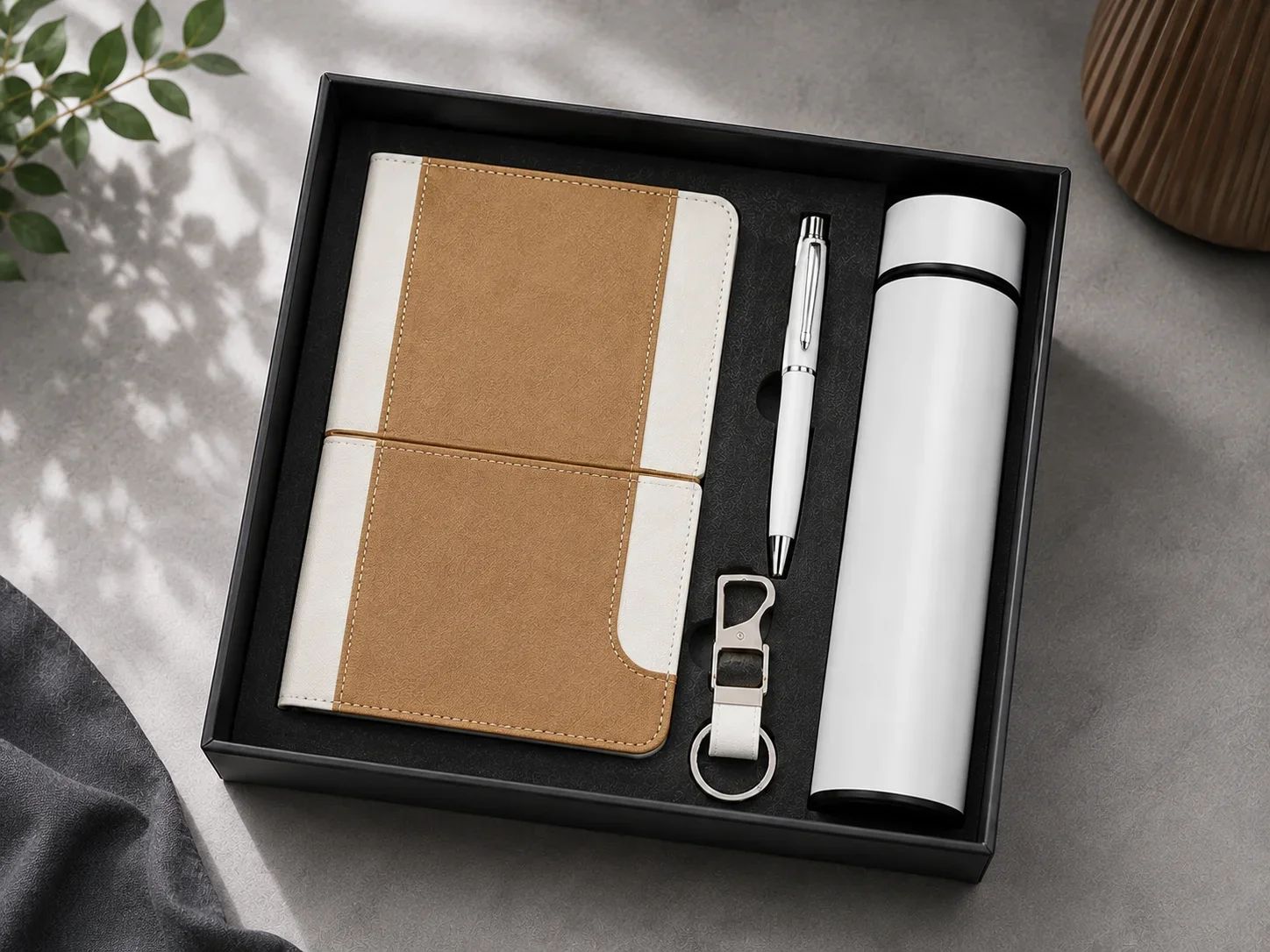 Modern Tan & White Dual-Tone 4-in-1 Executive Gift Set with Insulated Flask