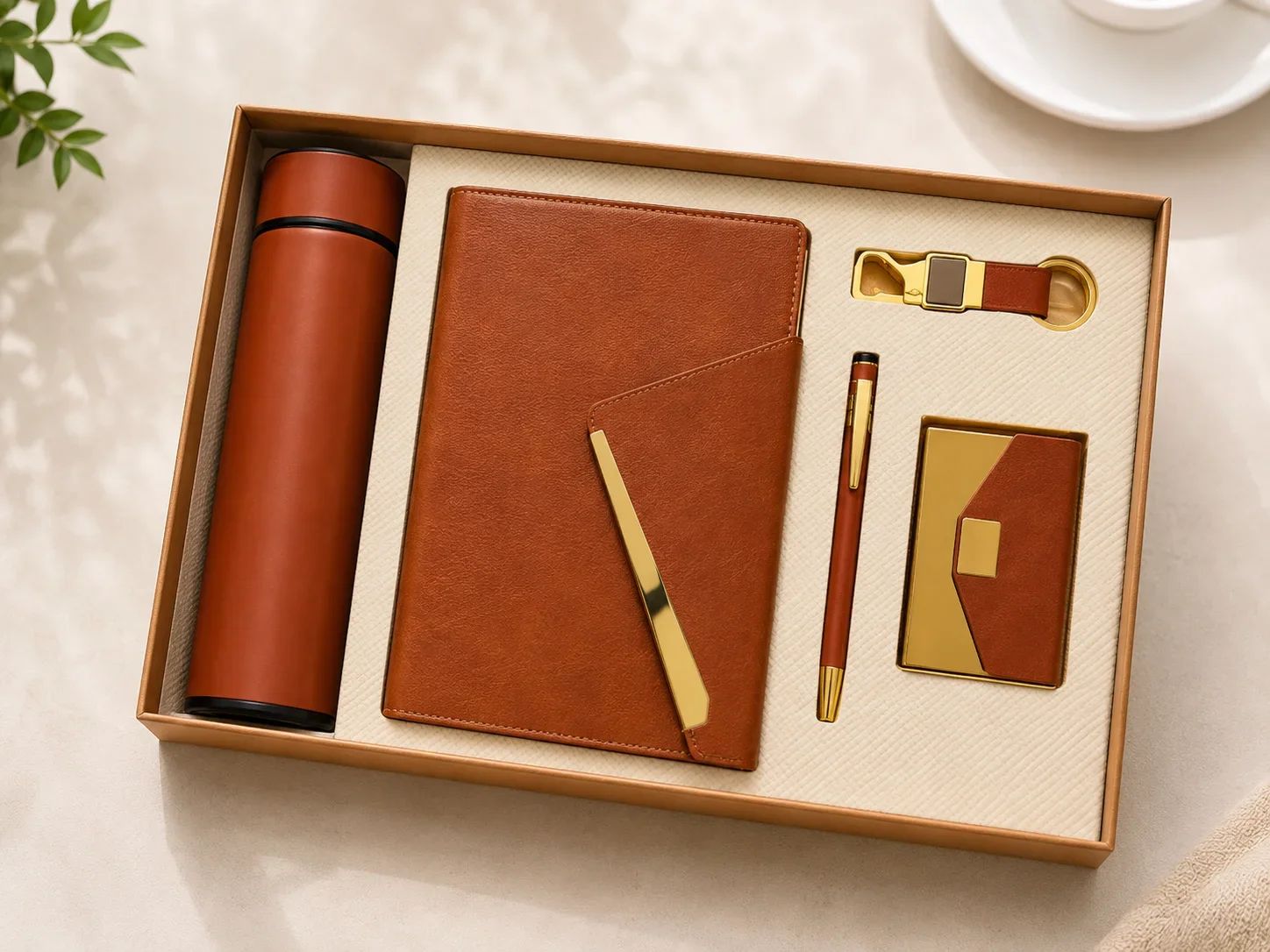 Classic Tan Brown 5-in-1 Executive Corporate Gift Set with Diagonal Metal Clasp Diary & Flask