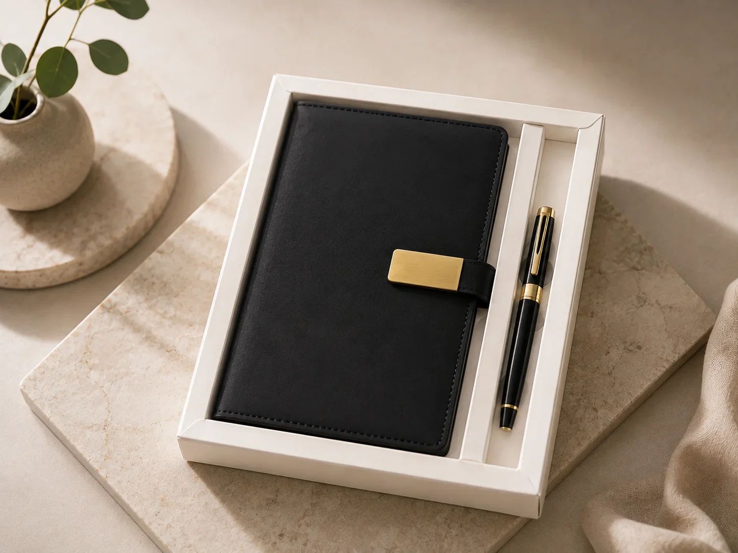 Premium Matte Black 2-in-1 Executive Notebook & Pen Gift Set with Brushed Gold Clasp