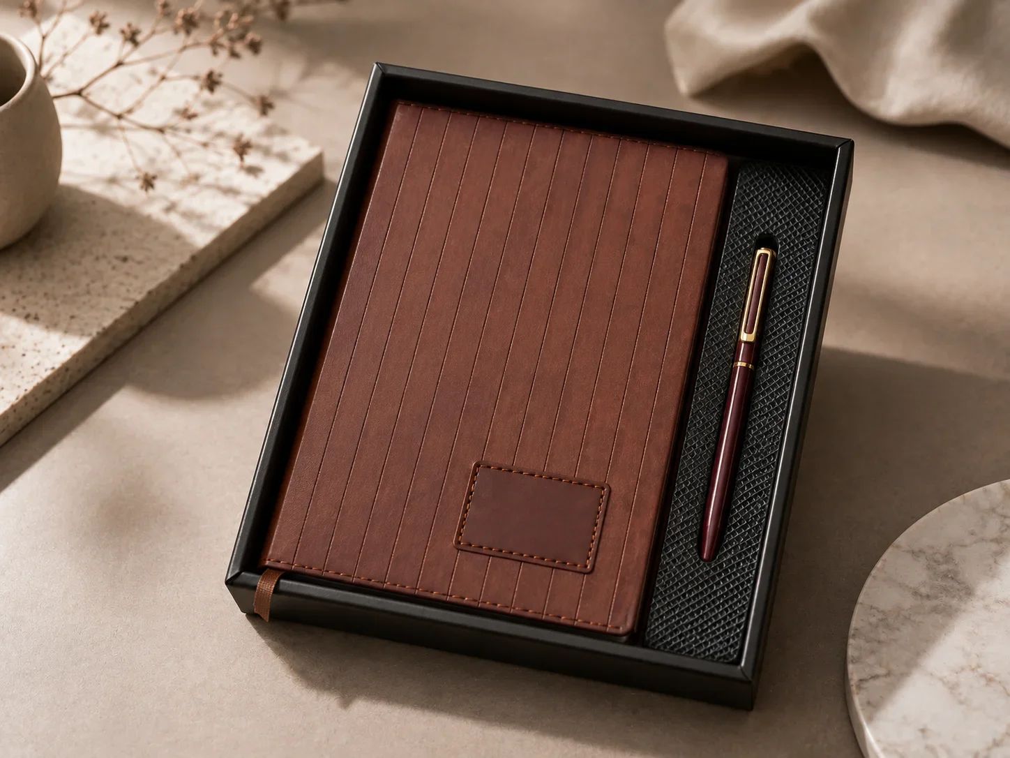 Vertical Striped Wooden-Finish Brown 2-in-1 Executive Notebook & Pen Gift Set