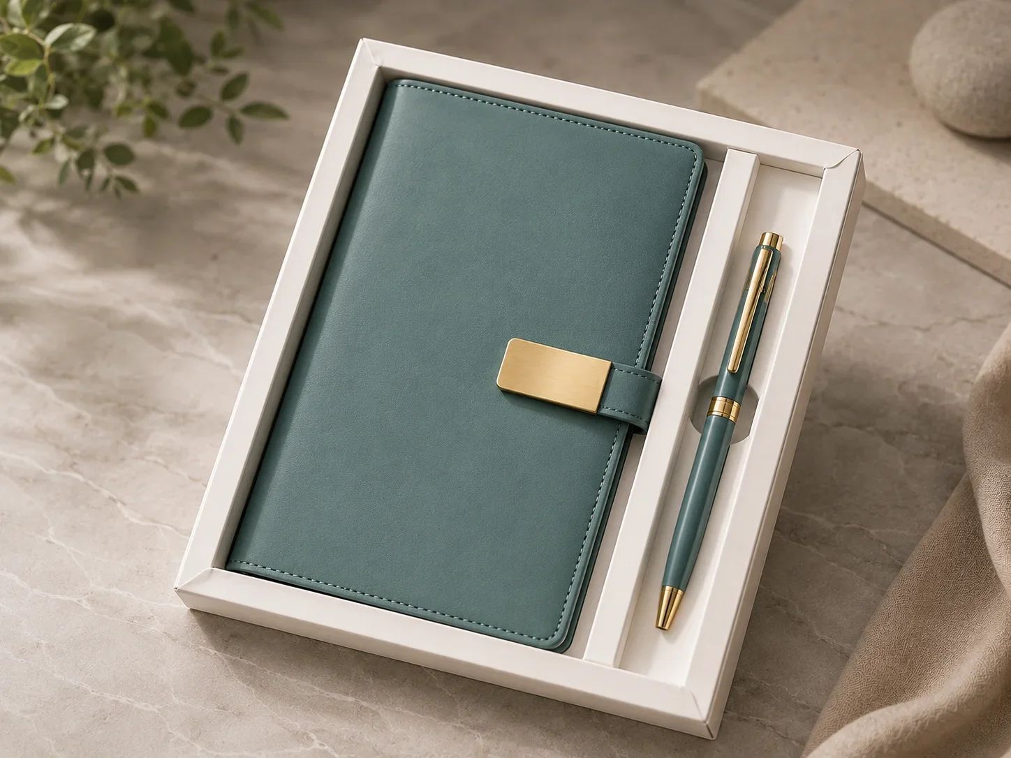 Teal Blue-Green 2-in-1 Executive Notebook & Pen Gift Set with Brushed Gold Clasp