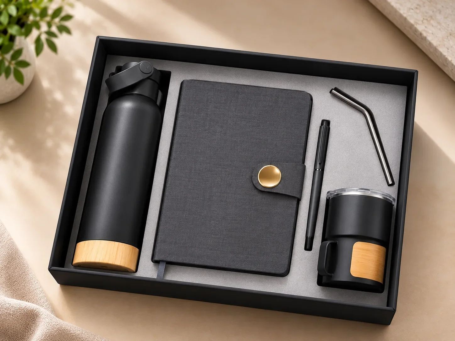 Matte Black & Charcoal Grey 5-Piece Executive Gift Set with Drinkware, Diary, Pen & Straw
