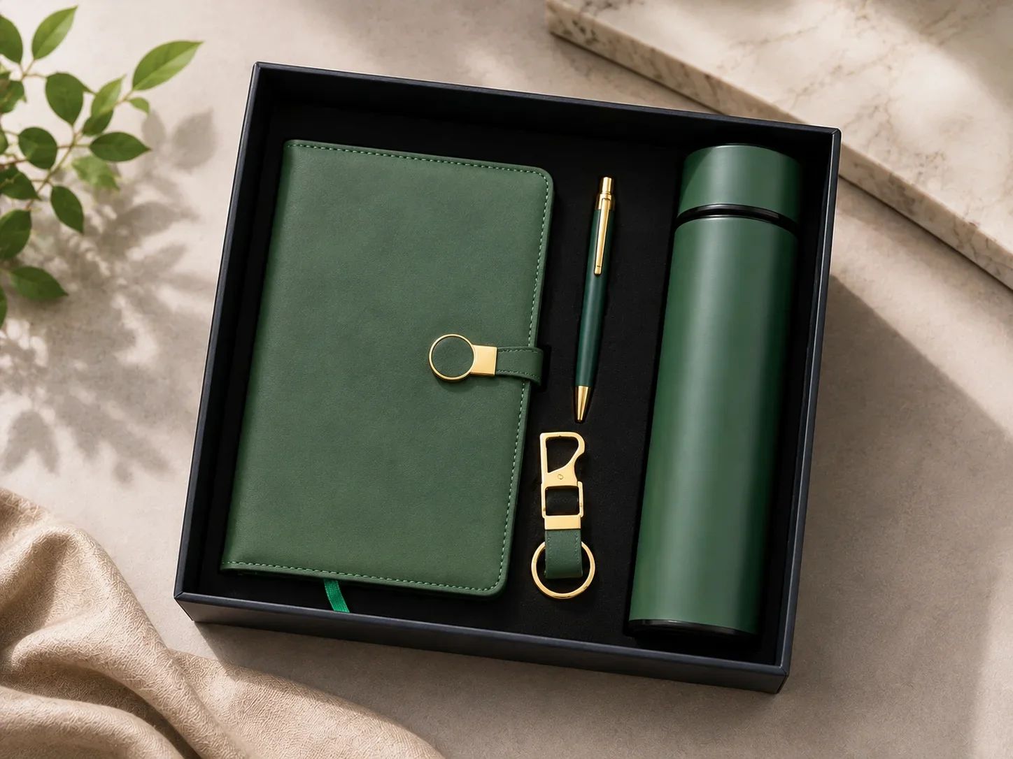 Luxurious Forest Green 4-in-1 Executive Corporate Gift Set with Flask, Ring-Clasp Diary & Accessories