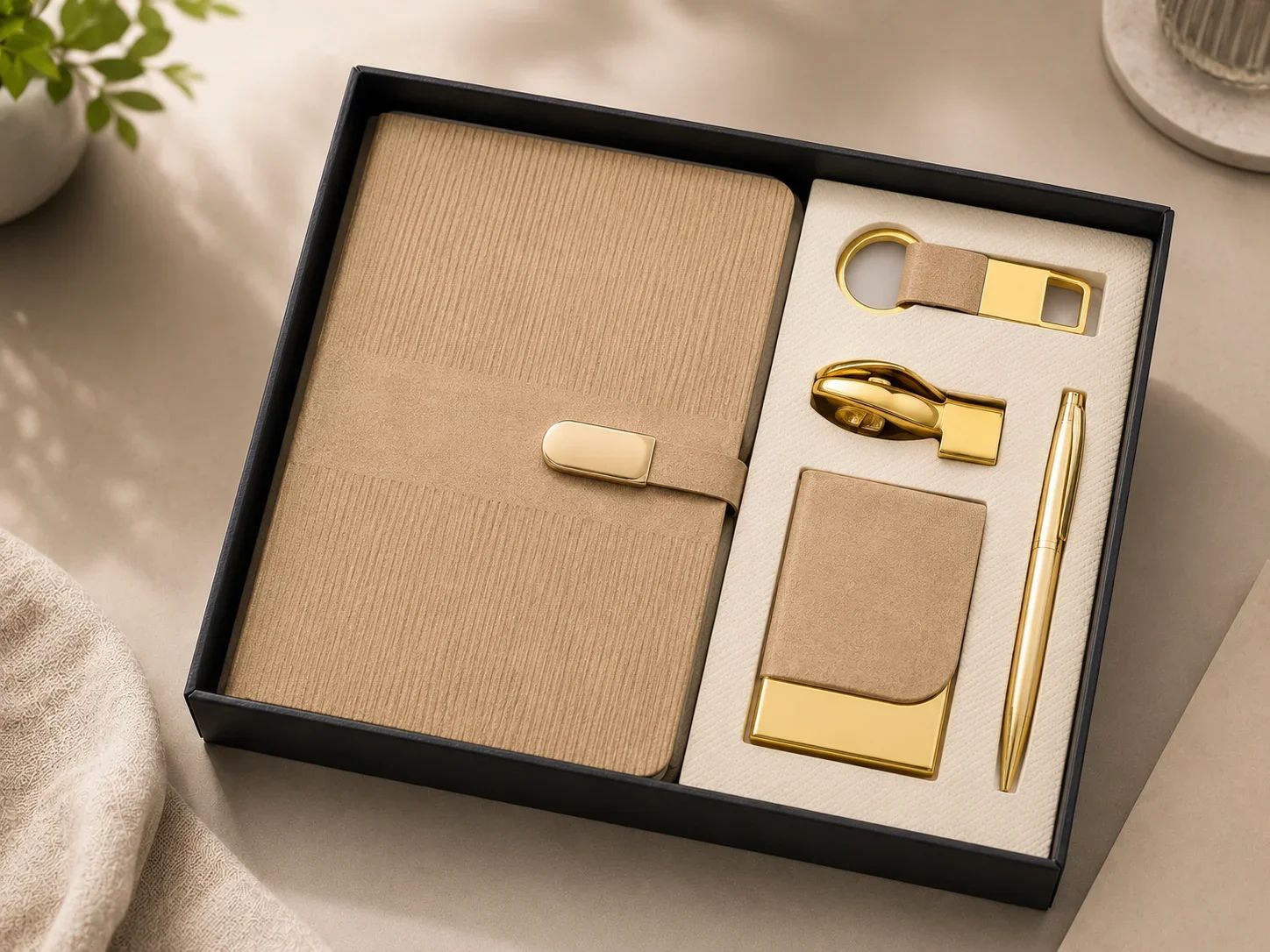 Textured Beige & Gold 5-in-1 Executive Corporate Gift Set with Card Holder, USB & Accessories