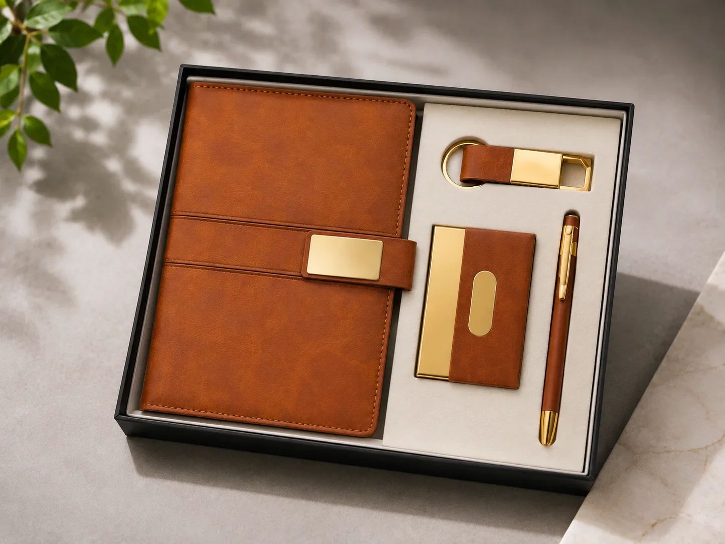 Classic Tan Brown 4-in-1 Executive Corporate Gift Set with Metallic Gold Clasp Diary & Accessories