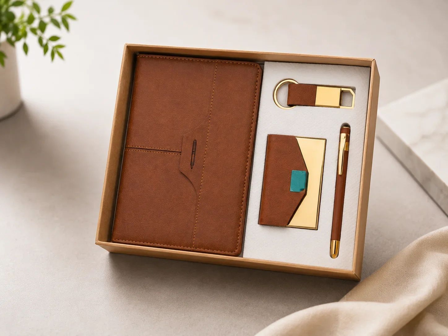 Executive Chestnut Brown 4-in-1 Desk Gift Set with Stitched Flap Diary & Accessories