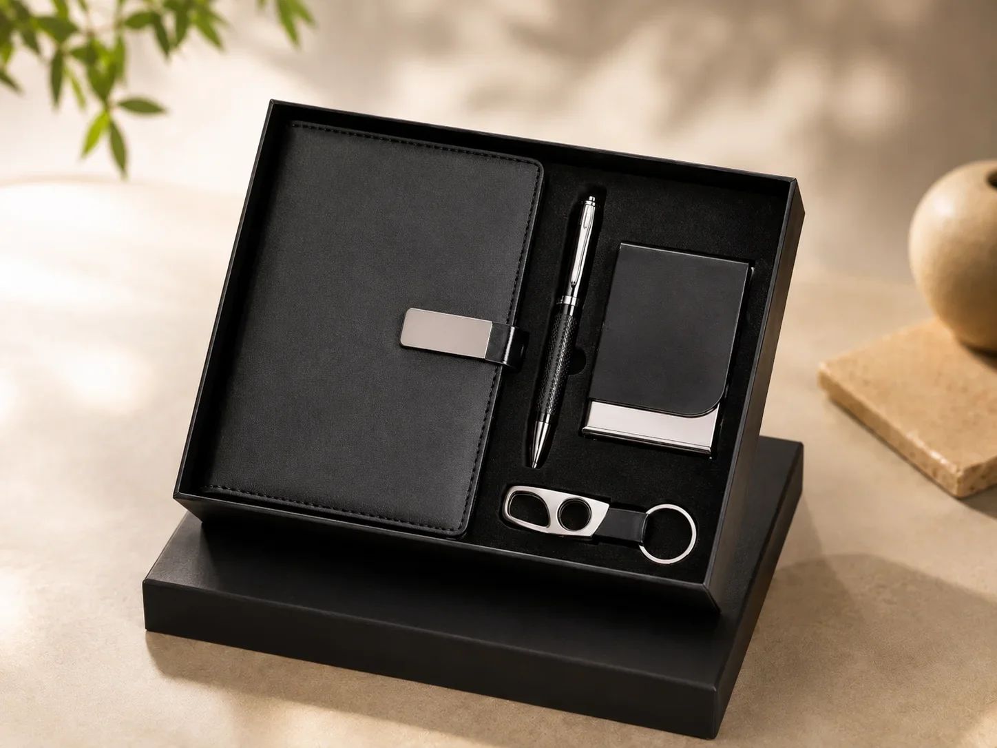 Sleek Matte Black & Silver 4-in-1 Executive Corporate Gift Set with Metal Clasp Diary & Accessories
