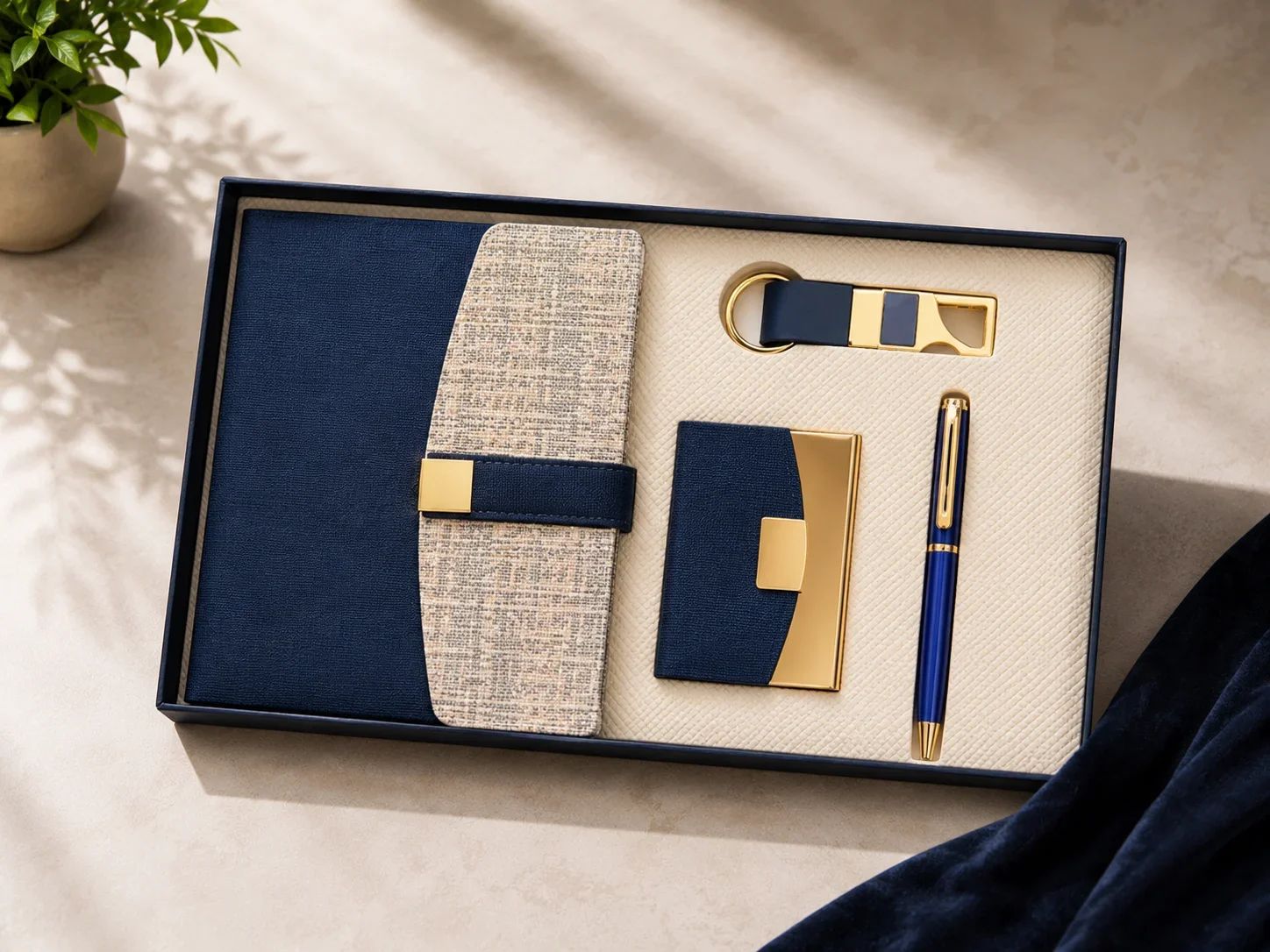 Navy Blue & Beige Fabric-Textured 4-in-1 Executive Gift Set with Gold Accents
