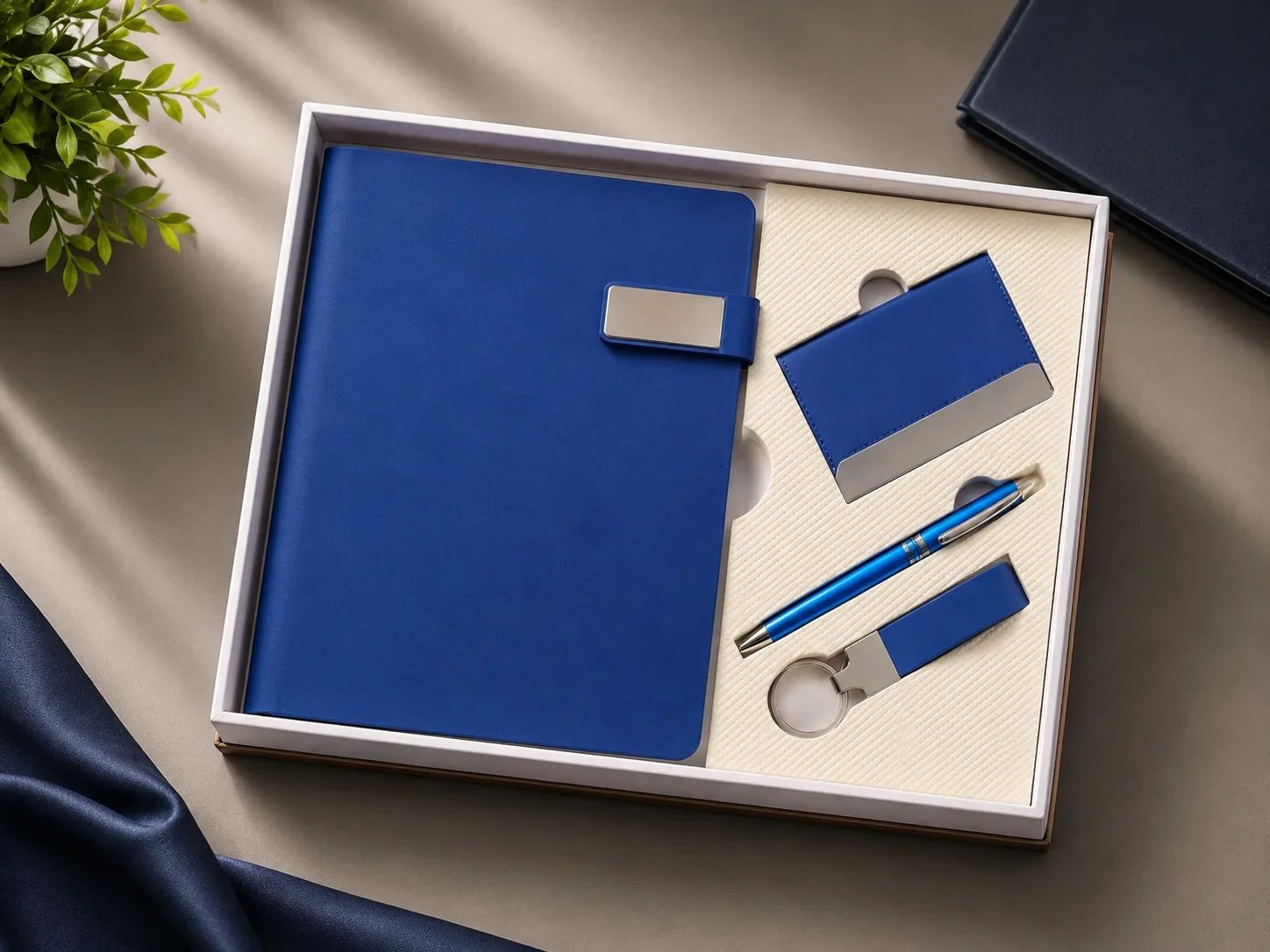 Royal Blue 4-in-1 Executive Corporate Gift Set with Metallic Silver Clasp Diary & Desk Accessories