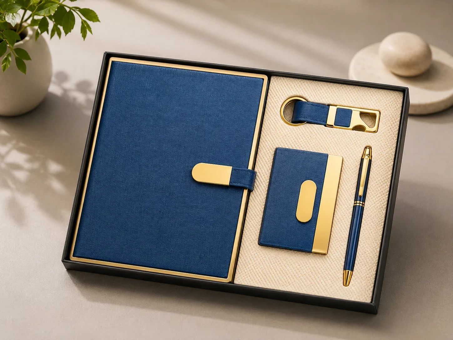 Textured Blue & Gold 4-in-1 Executive Corporate Gift Set with Card Holder, Pen & Key Fob