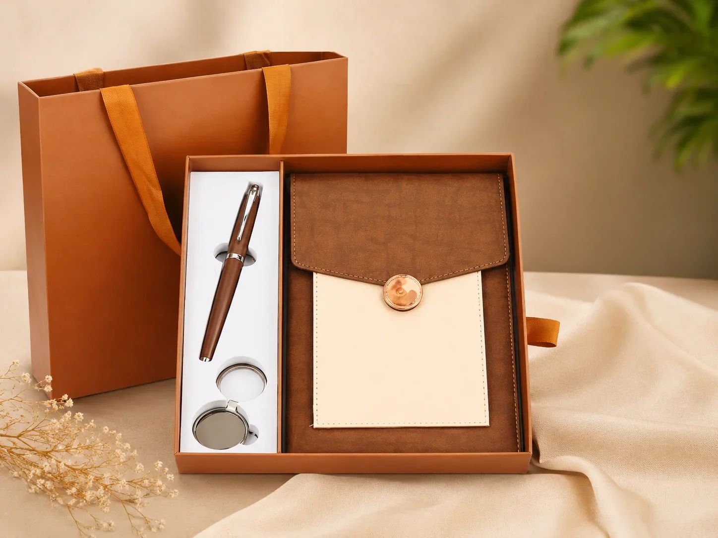 Luxury Dual Tone Brown & Cream Executive Notebook, Pen & Keychain Gift Set with Matching Tote Bag