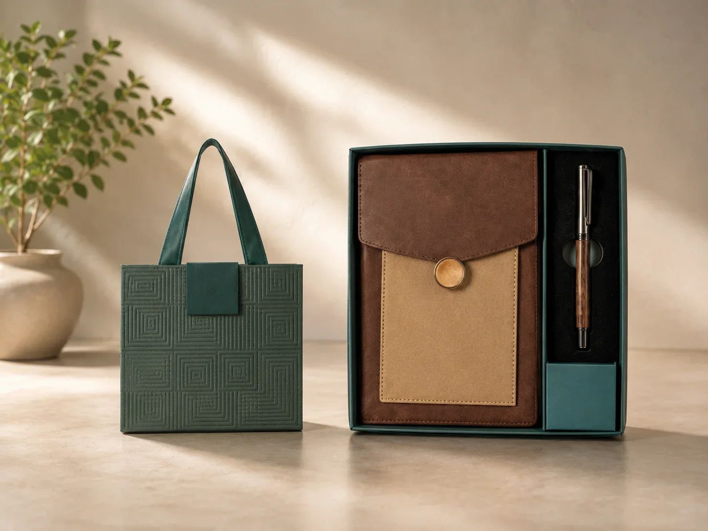 Luxury Dual-Tone Brown & Beige Executive Gift Set with Geometric Patterned Tote Bag