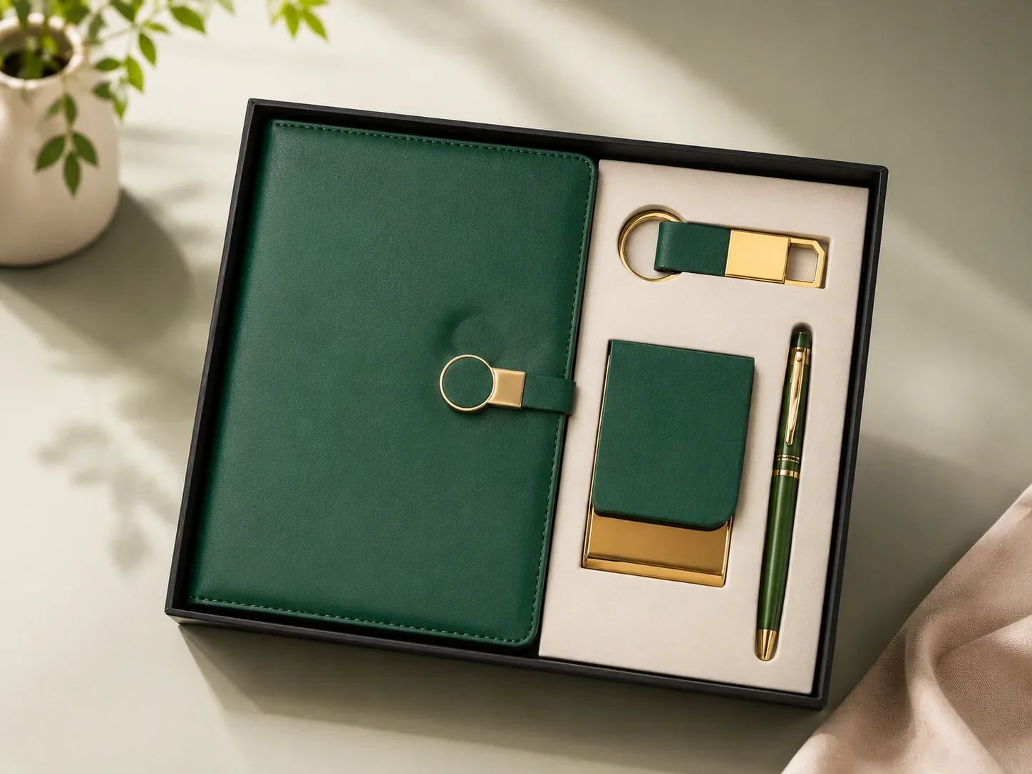 Emerald Green 4-in-1 Executive Corporate Gift Set with Ring Clasp Diary & Gold Accessories