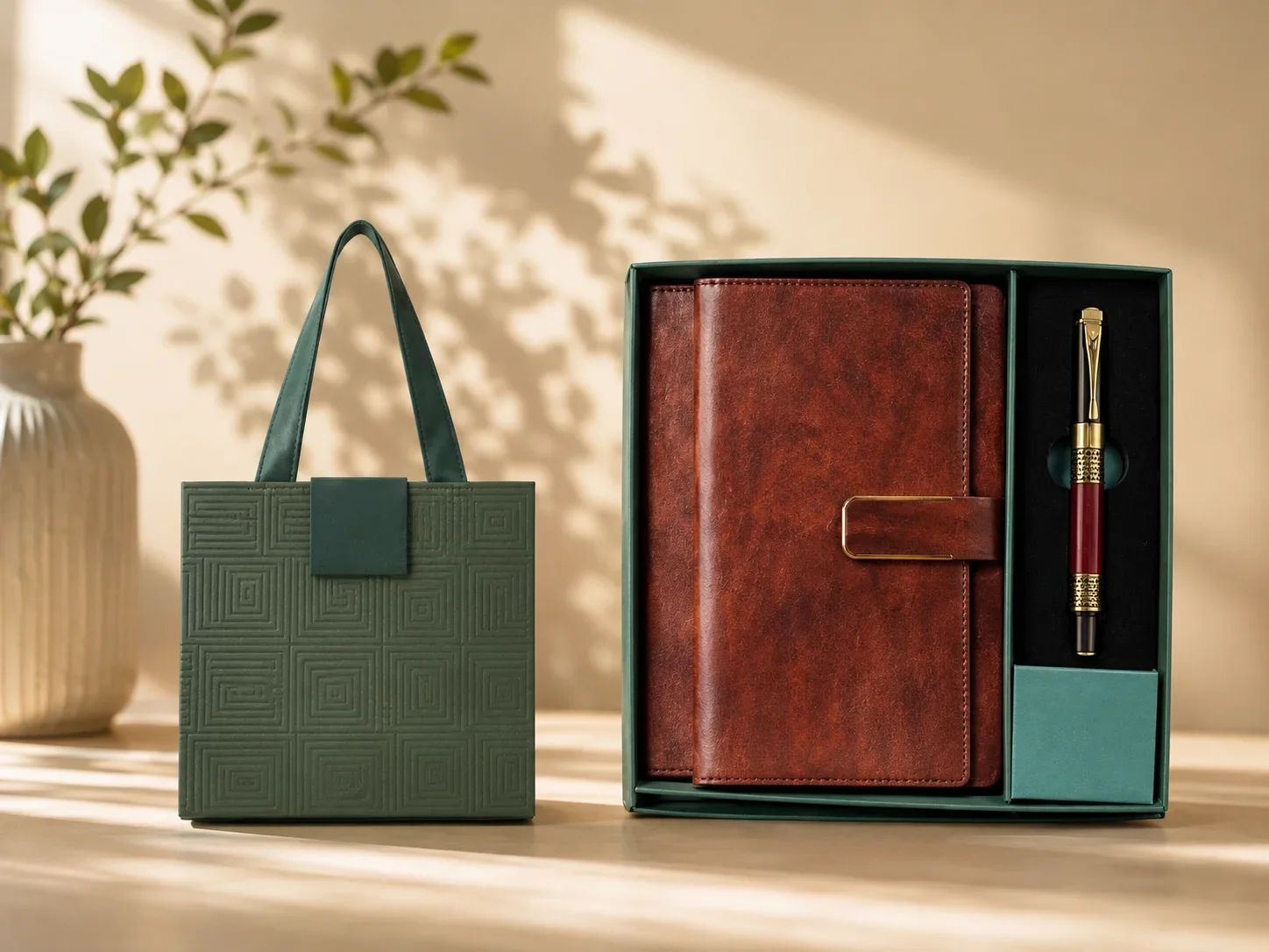 Vintage Mahogany Brown Executive Gift Set with Geometric Patterned Green Handbag