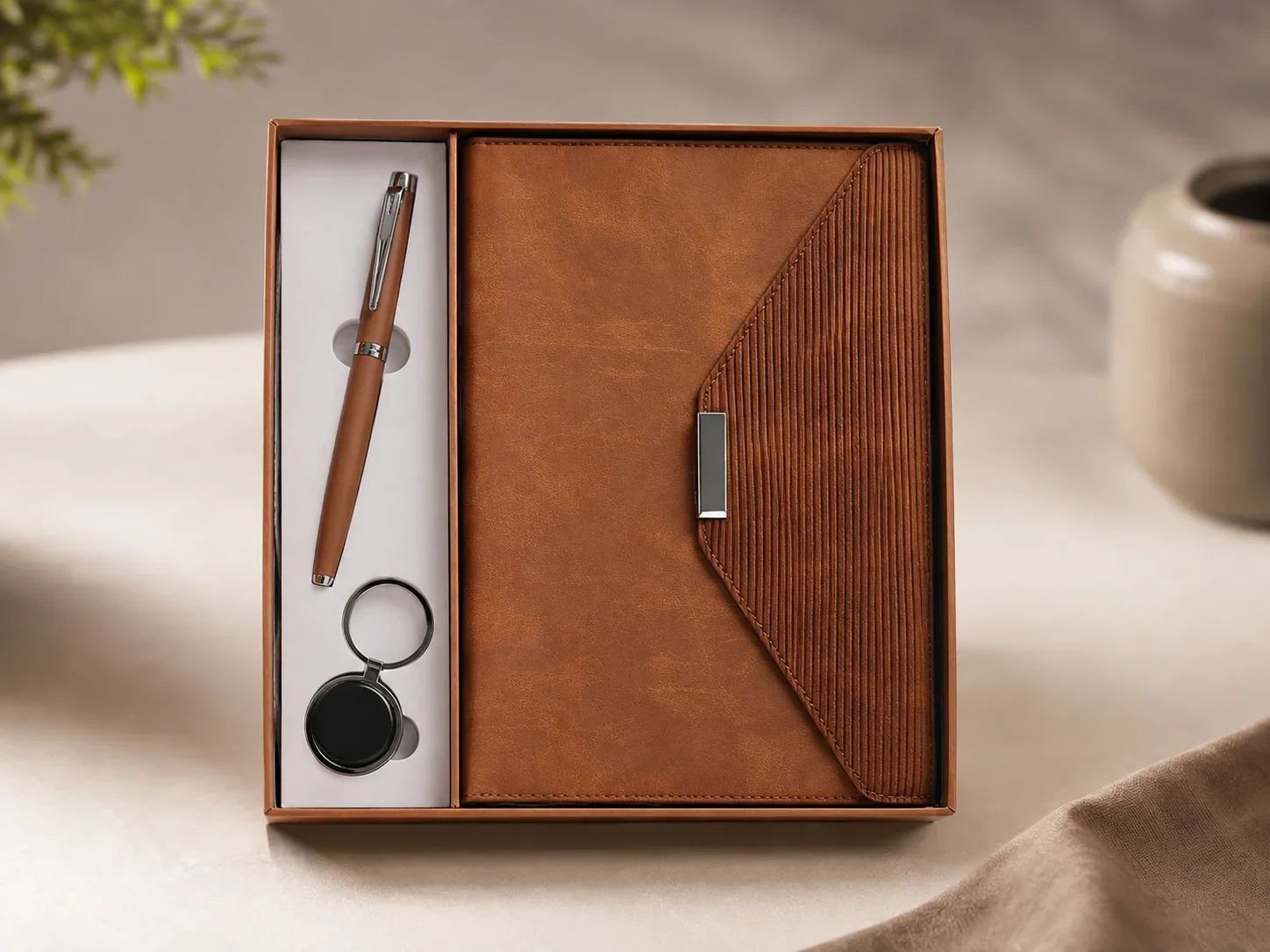 Warm Tan 3-in-1 Executive Gift Set with Ribbed Envelope Flap Diary, Pen & Keychain