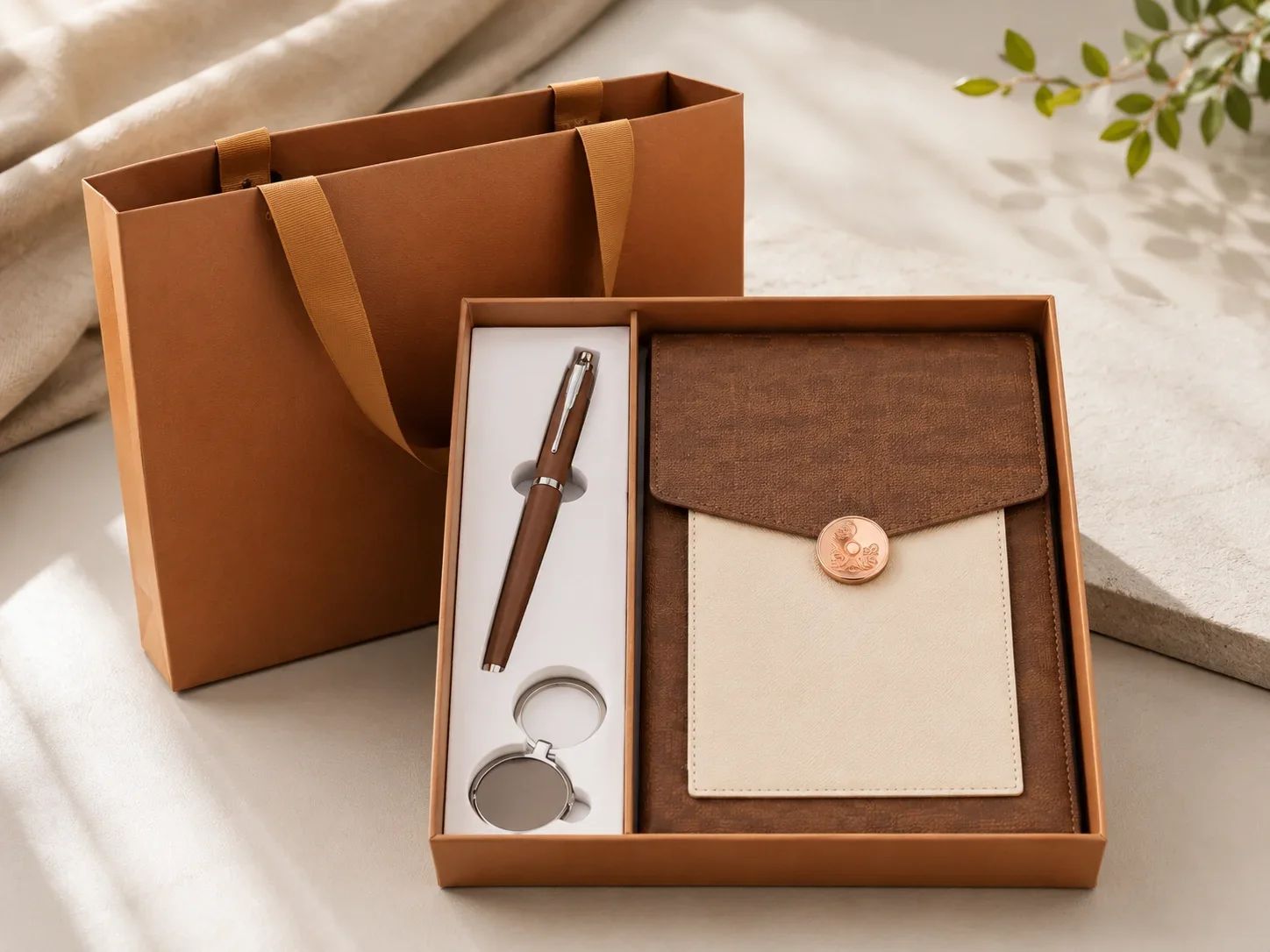 Premium Chestnut Brown & Cream Executive Journal Gift Set with Pen, Keychain & Matching Carry Bag