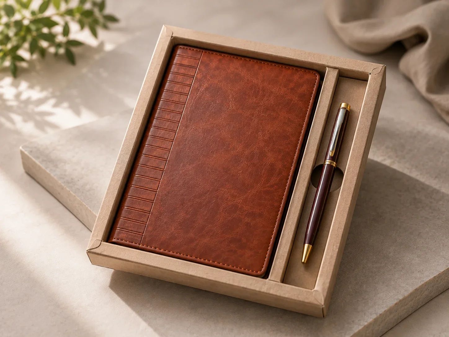 Rustic Amber Brown 2-in-1 Executive Gift Set with Ribbed Spine notebook & Pen