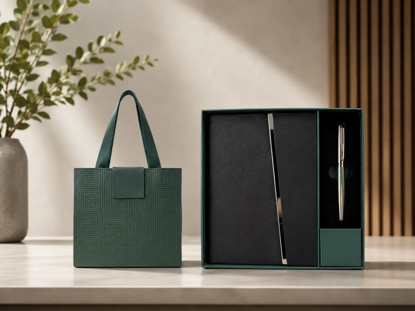 Luxury Black Executive Notebook & Silver Pen Gift Set with Geometric Patterned Green Handbag