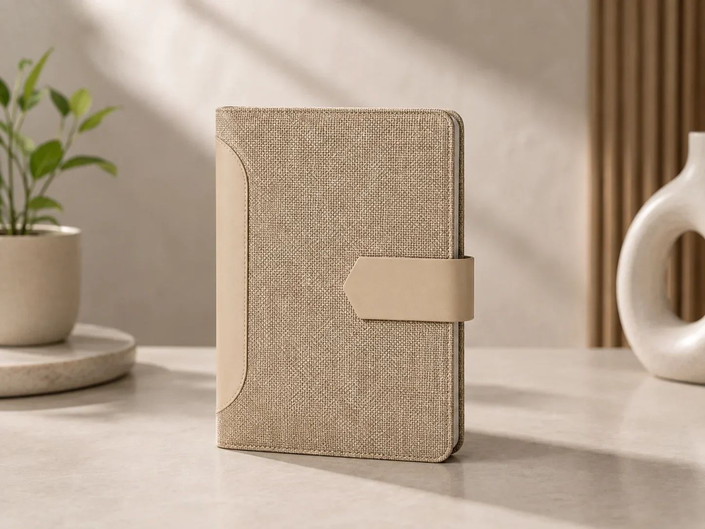 Beige Fabric Finish Executive Hardcover Diary with Magnetic Closure Accent