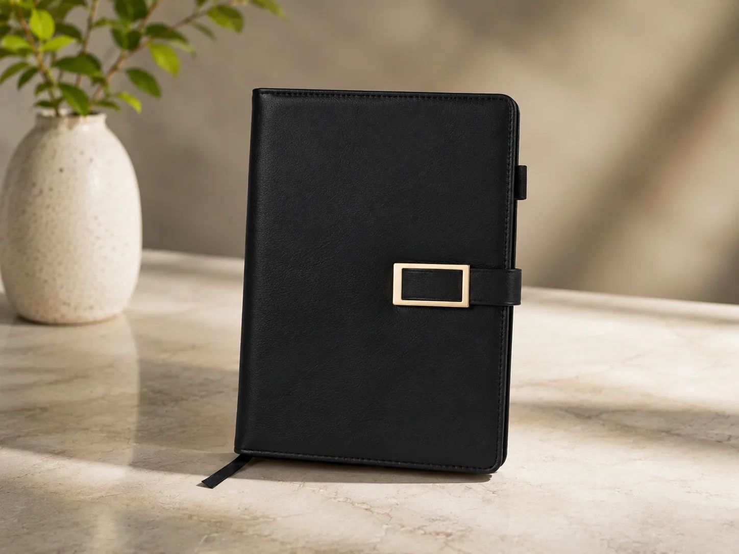 Classic Black Faux Leather Organizer Notebook with Gold Buckle Closure