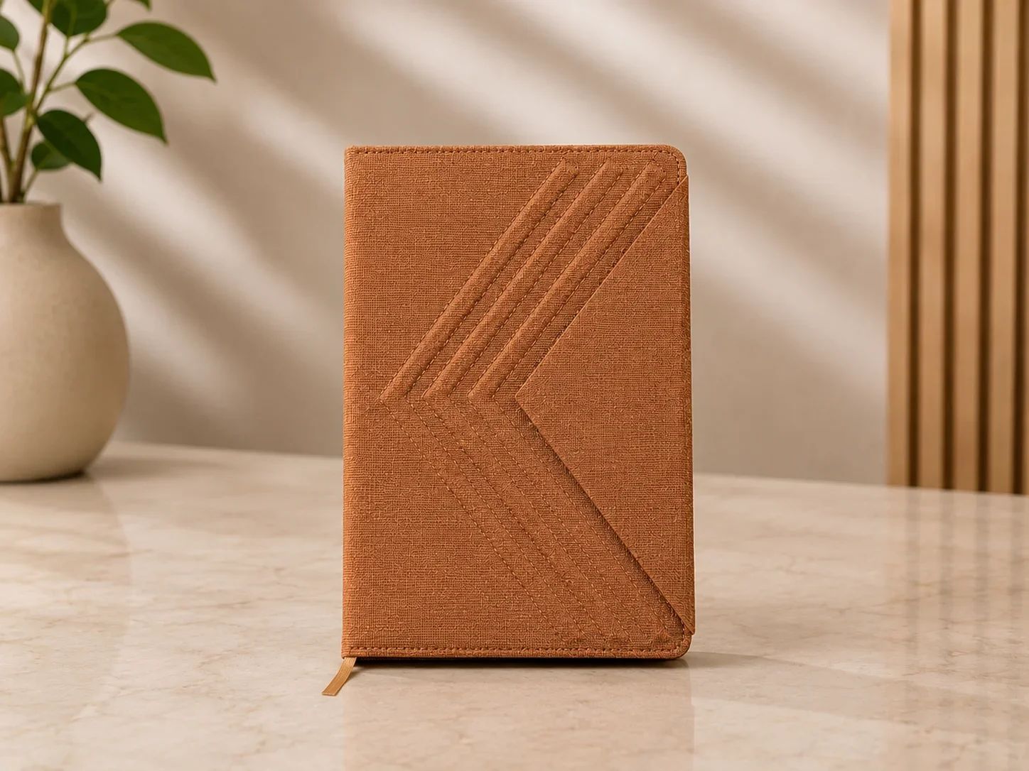 Tan Terracotta Textured Fabric Journal with Stitched Geometric Cover