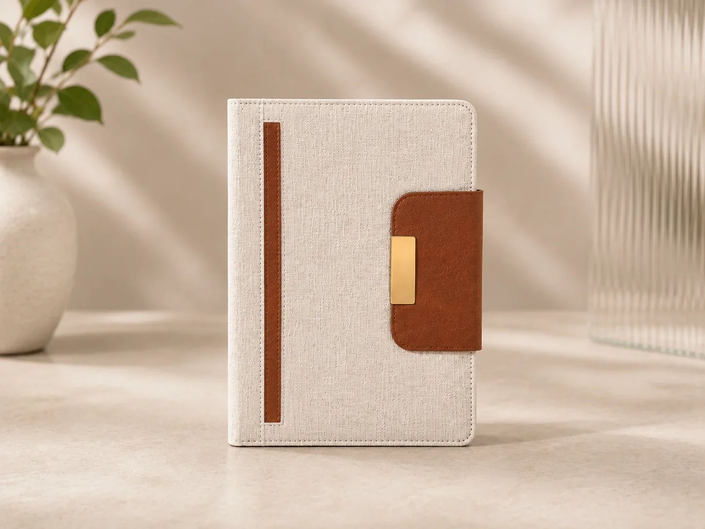 Off-White Cross-Grain Textured Diary with Brown Leatherette Strap and Gold Clip