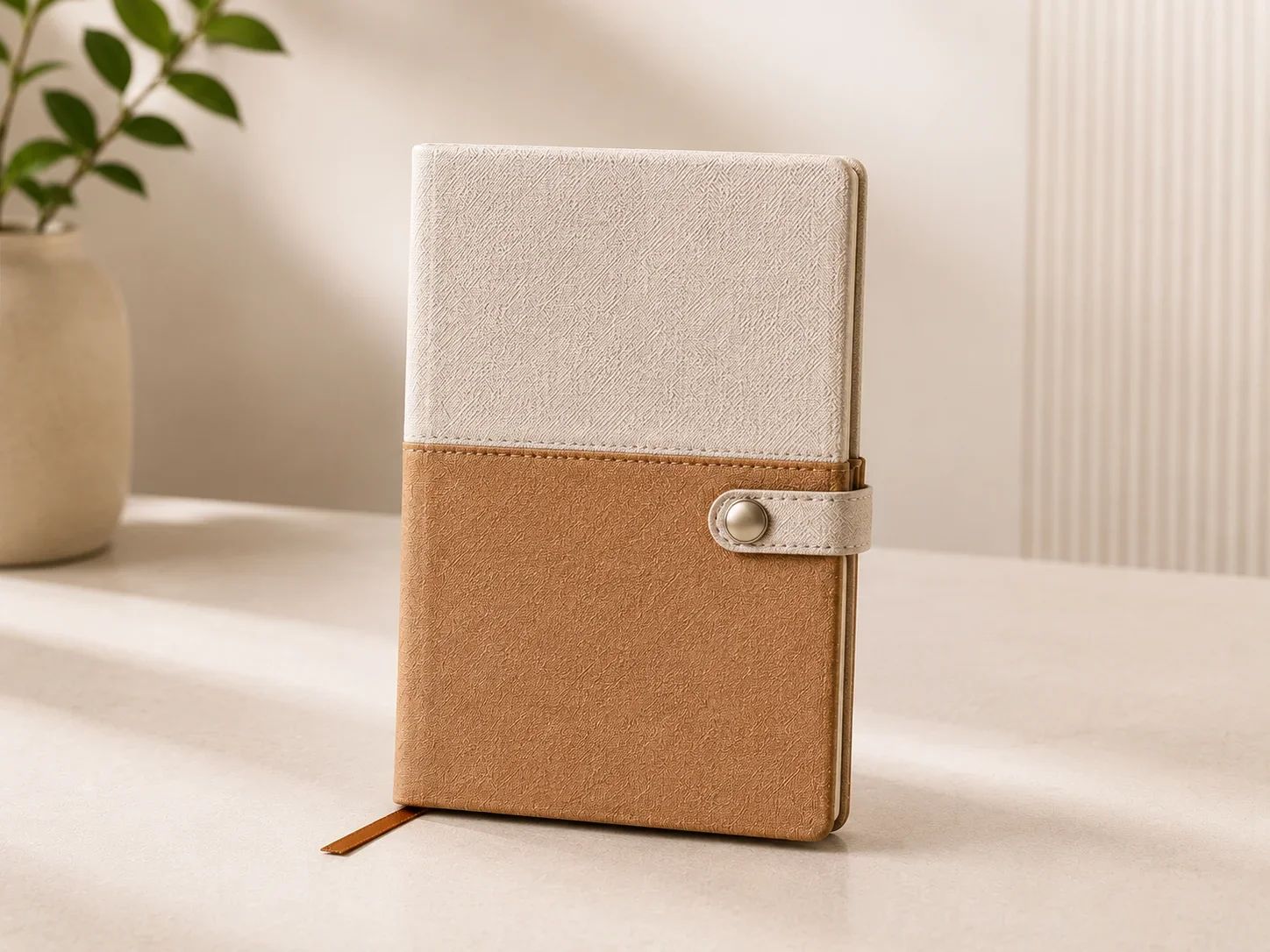 Two-Tone Cream and Camel Hardcover Journal with Button Snap Strap