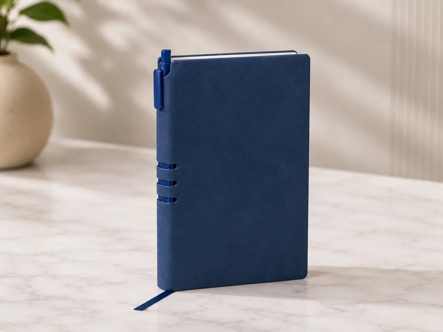 Navy Blue Hardbound Journal with Integrated Pen Slot Spine