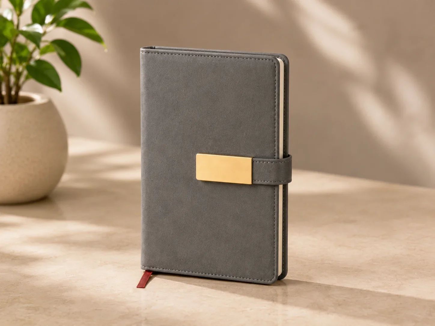 Charcoal Grey Leatherette Notebook with Brushed Gold Metallic Clasp