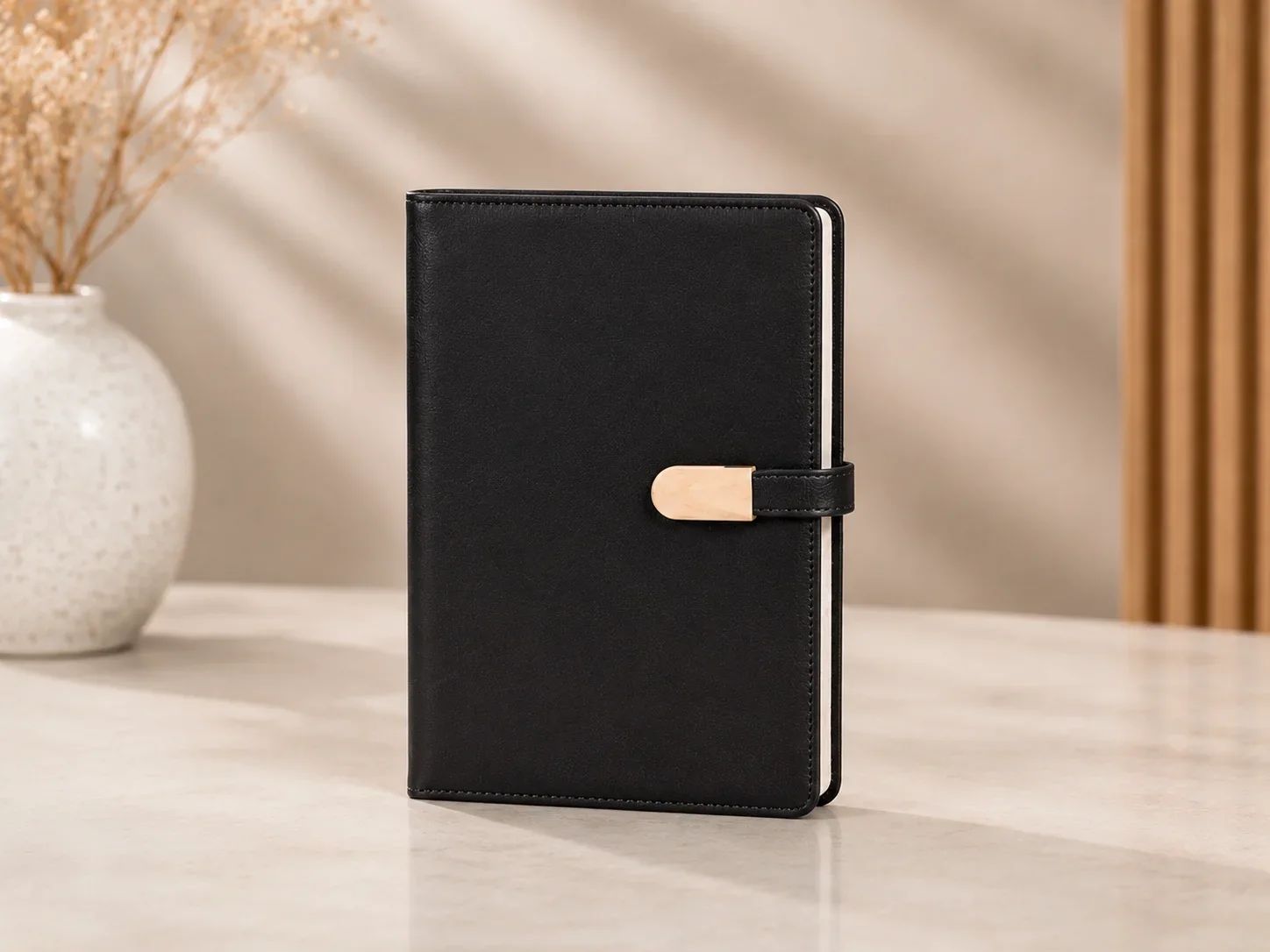Black Faux Leather Executive Journal with Gilt Edges and Gold Metal Tab