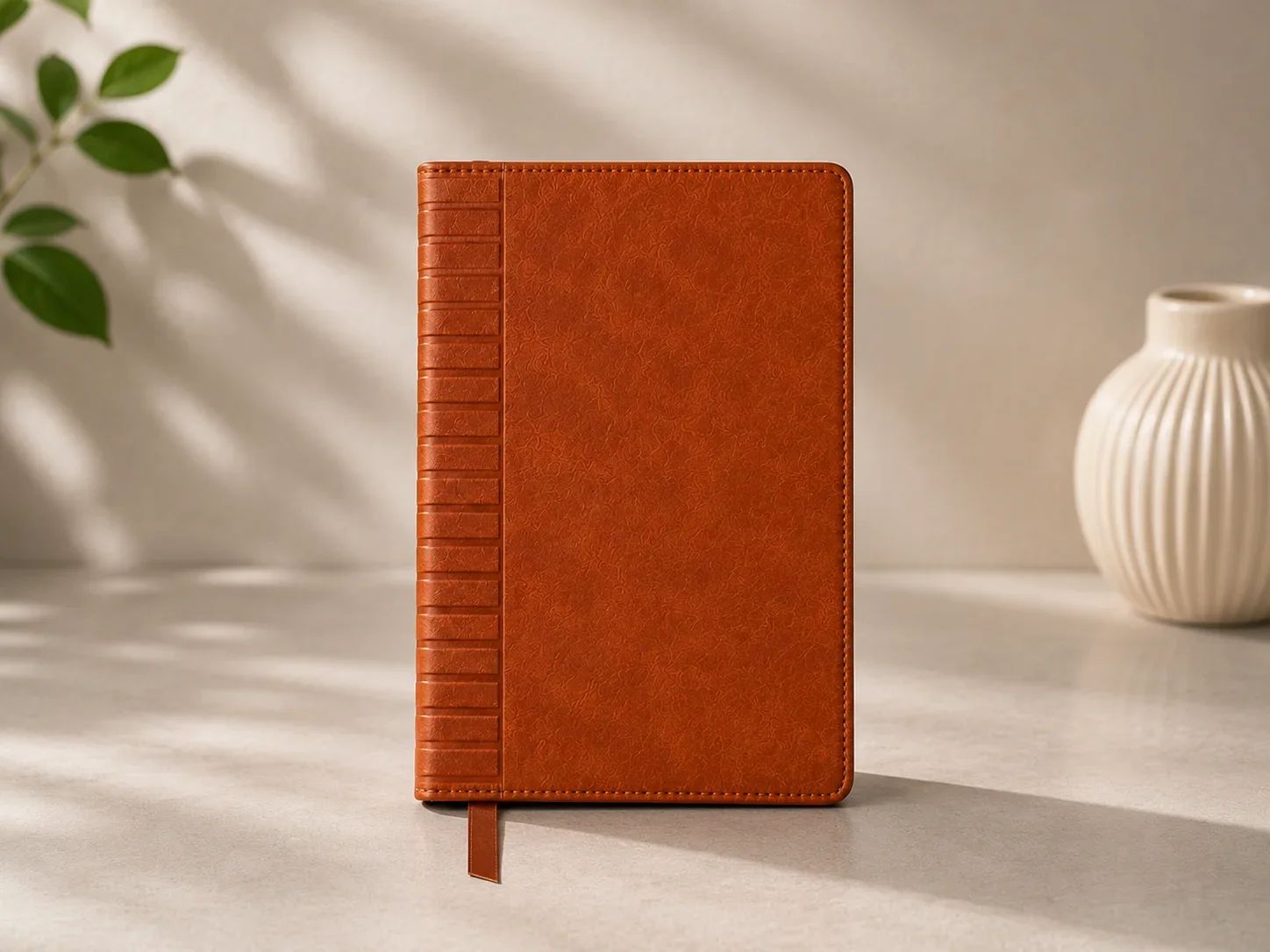 Cognac Brown Textured Leatherette Notebook with Ribbed Spine Detail