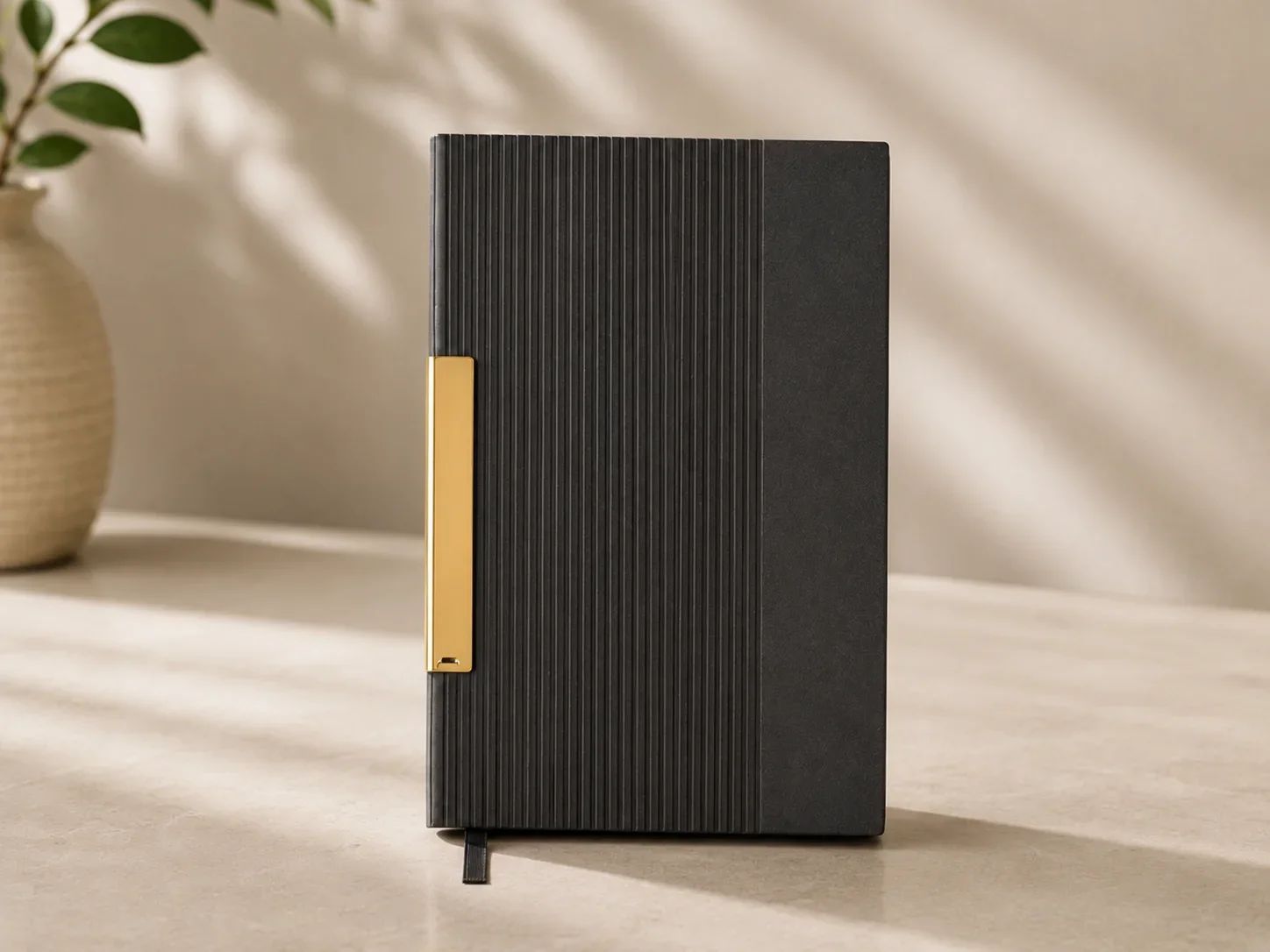 Dark Grey Vertical Ribbed Executive Journal with Gold Spine Clip Accent