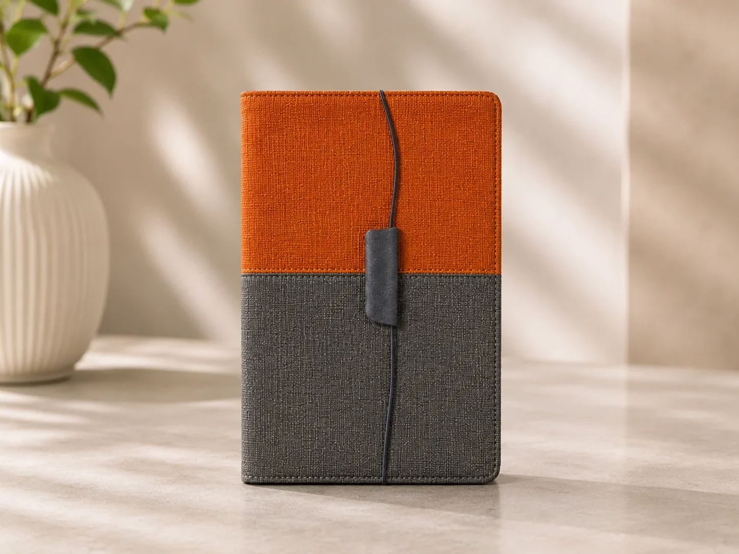 Dual-Tone Orange and Slate Grey Textured Fabric Journal with Elastic Accent