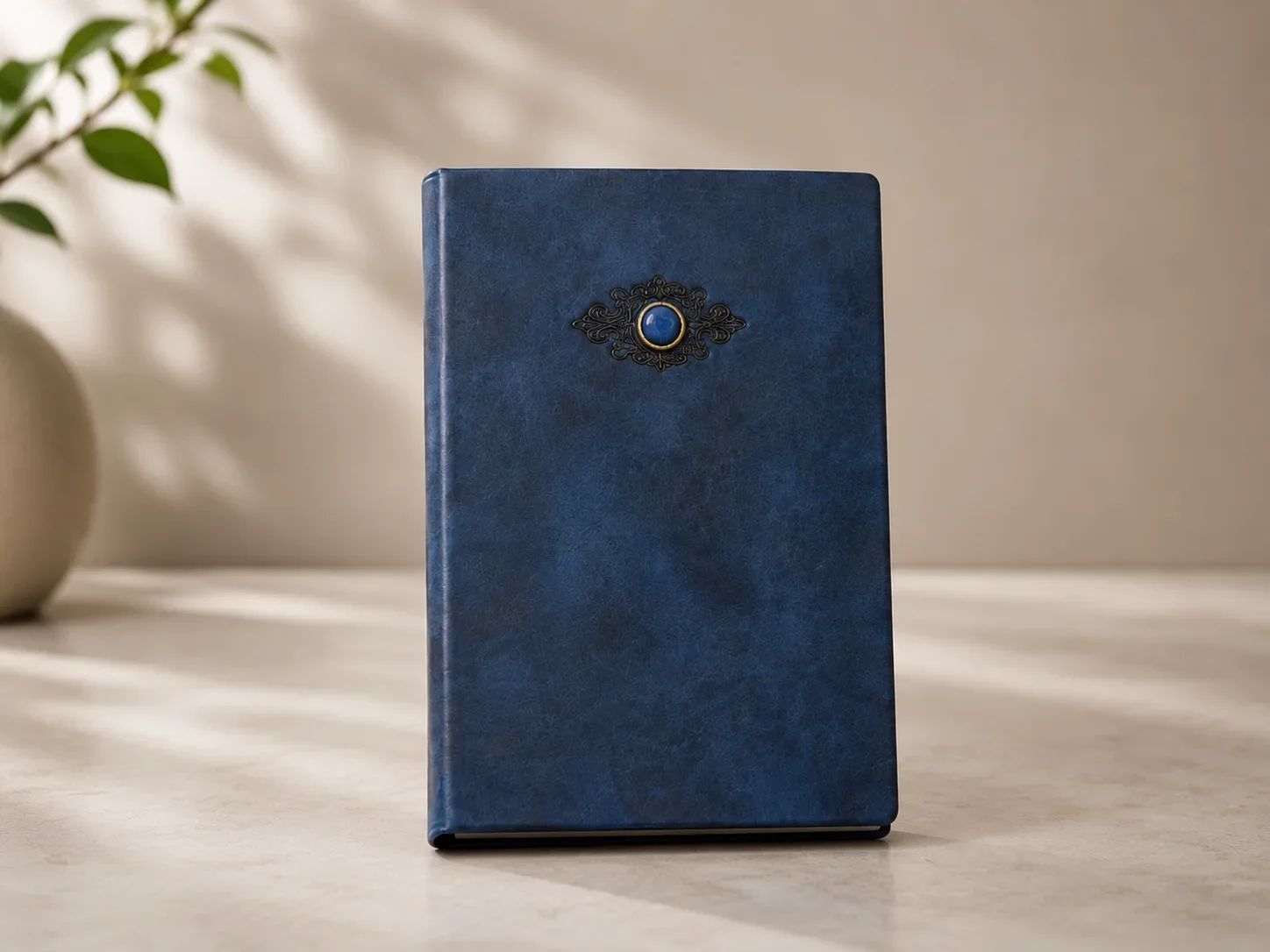 Deep Blue Vintage Faux Leather Journal with Ornamental Filigree Emblem