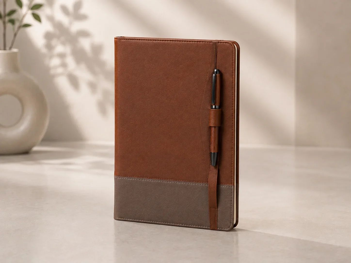 Two-Tone Chestnut & Grey Leatherette Diary with Front Elastic Pen Holder