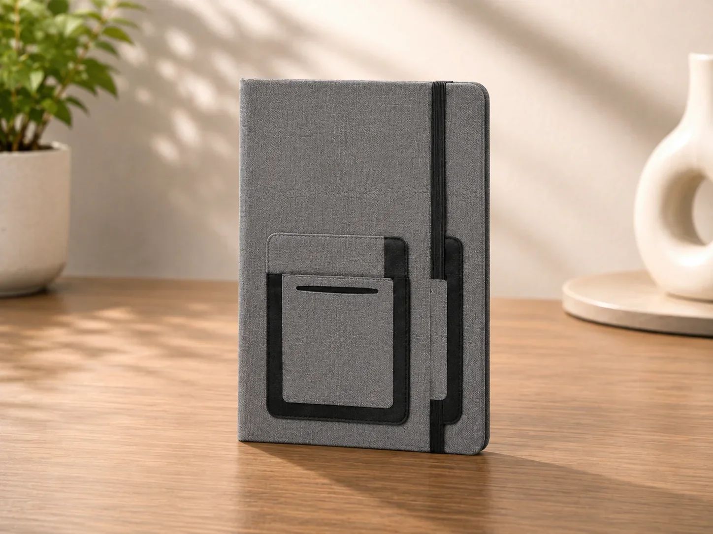 Textured Grey Fabric Organizer Diary with Front Pocket and Card Slot