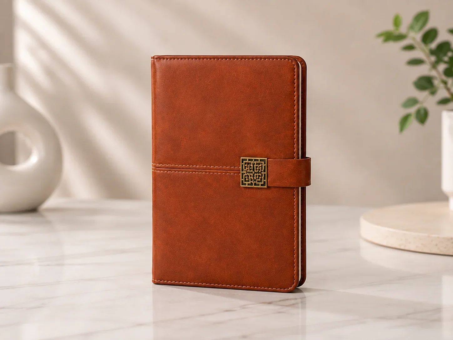 Chestnut Tan Faux Leather Journal with Antique Filigree Metal Buckle