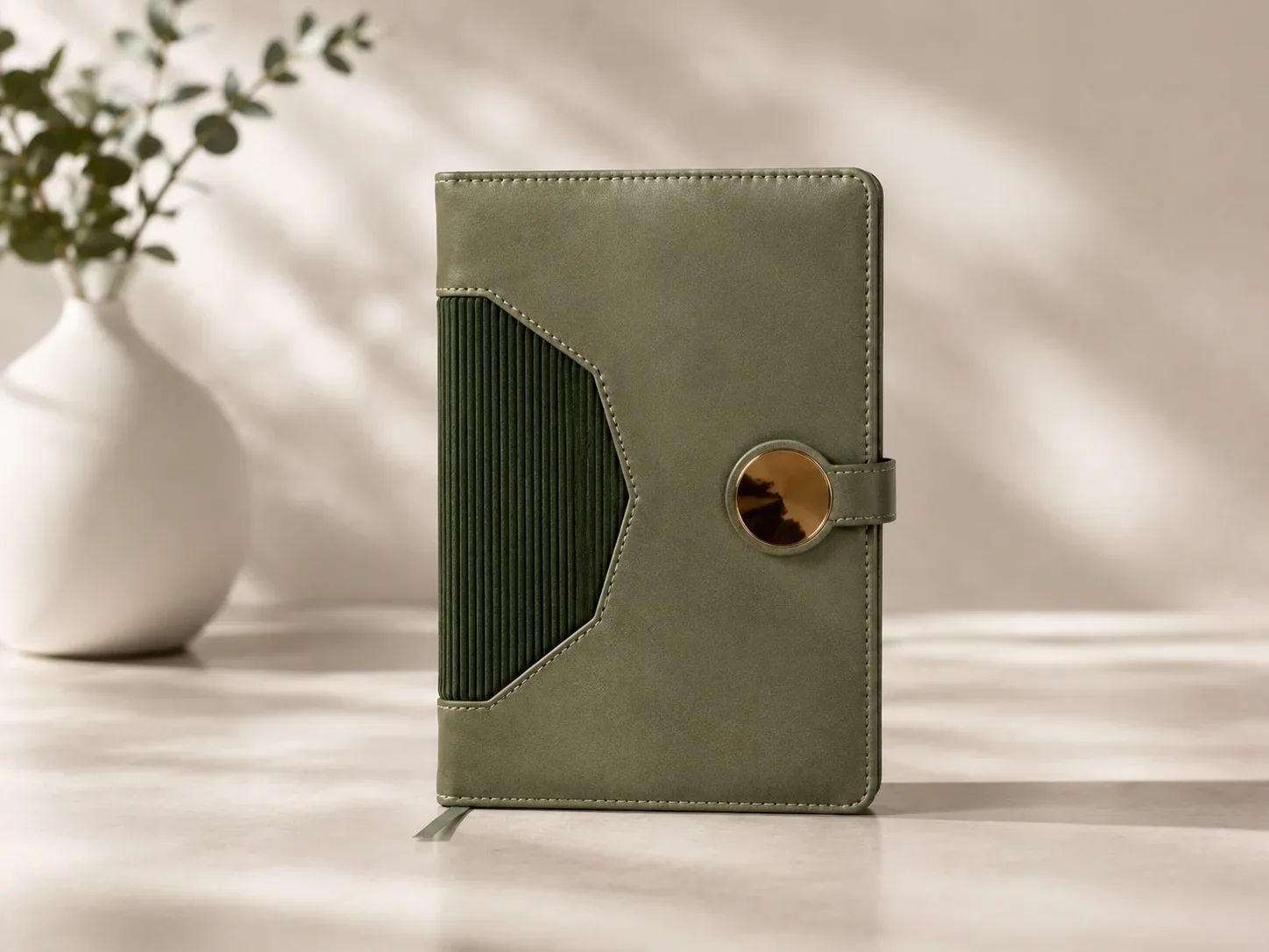Olive Green Executive Leatherette Journal with Ribbed Inset and Gold Circular Clasp